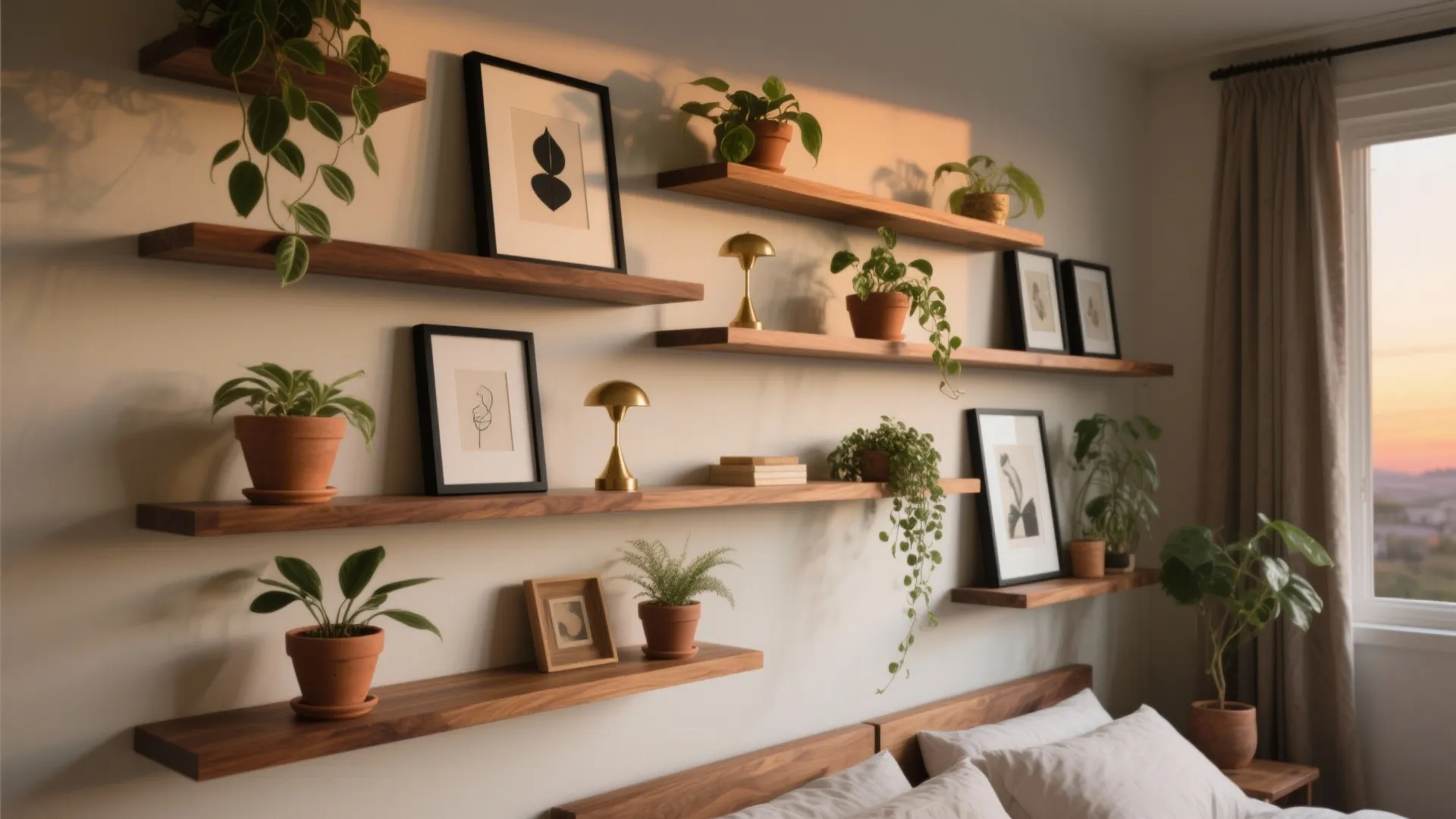Layered shelves and frames for a biophilic gallery