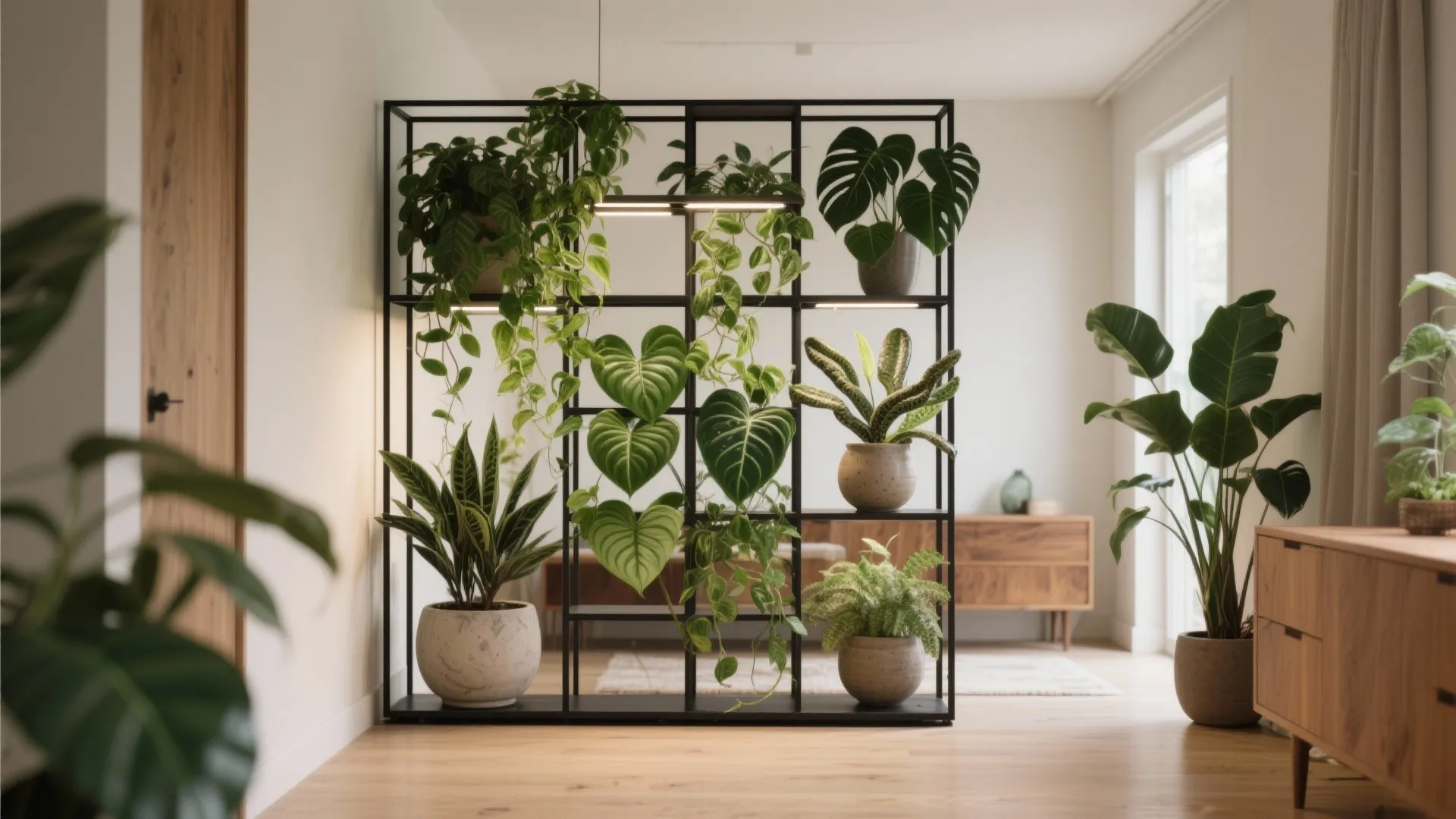 Black metal shelving unit used as a room divider holding many green potted indoor plants