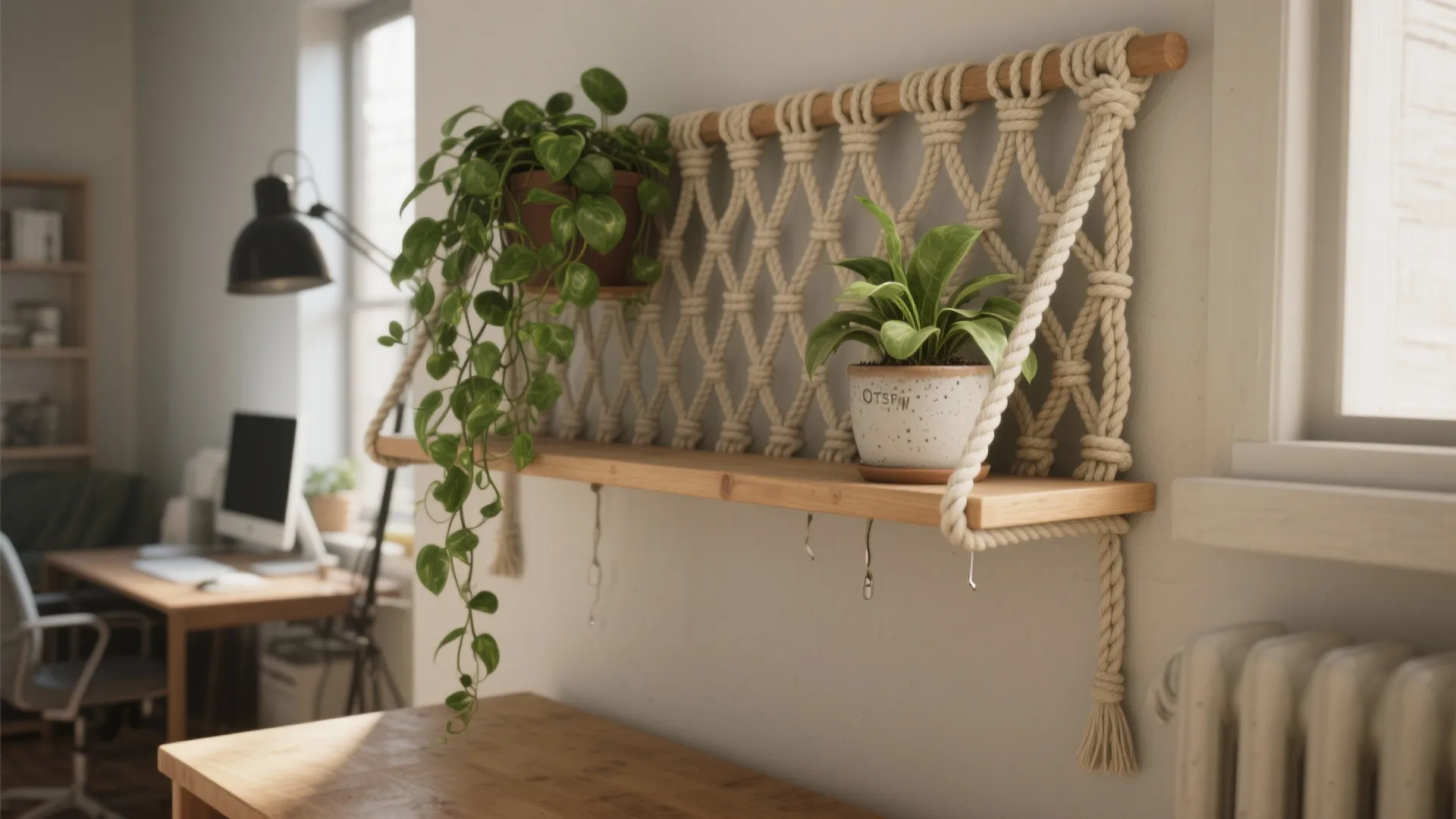 Wooden wall shelf with white rope weaving holding two green potted plants on white wall