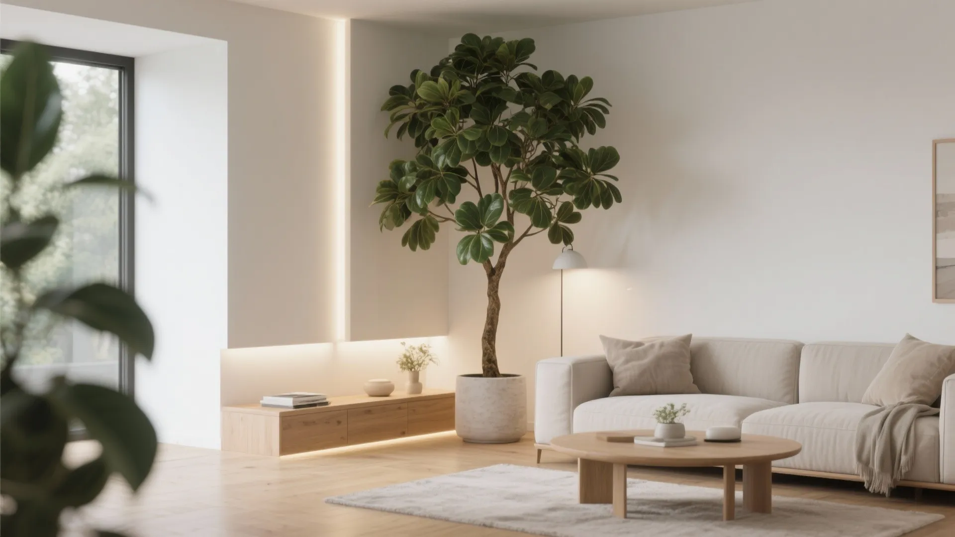 Tall ficus tree with integrated lighting in a bright living room