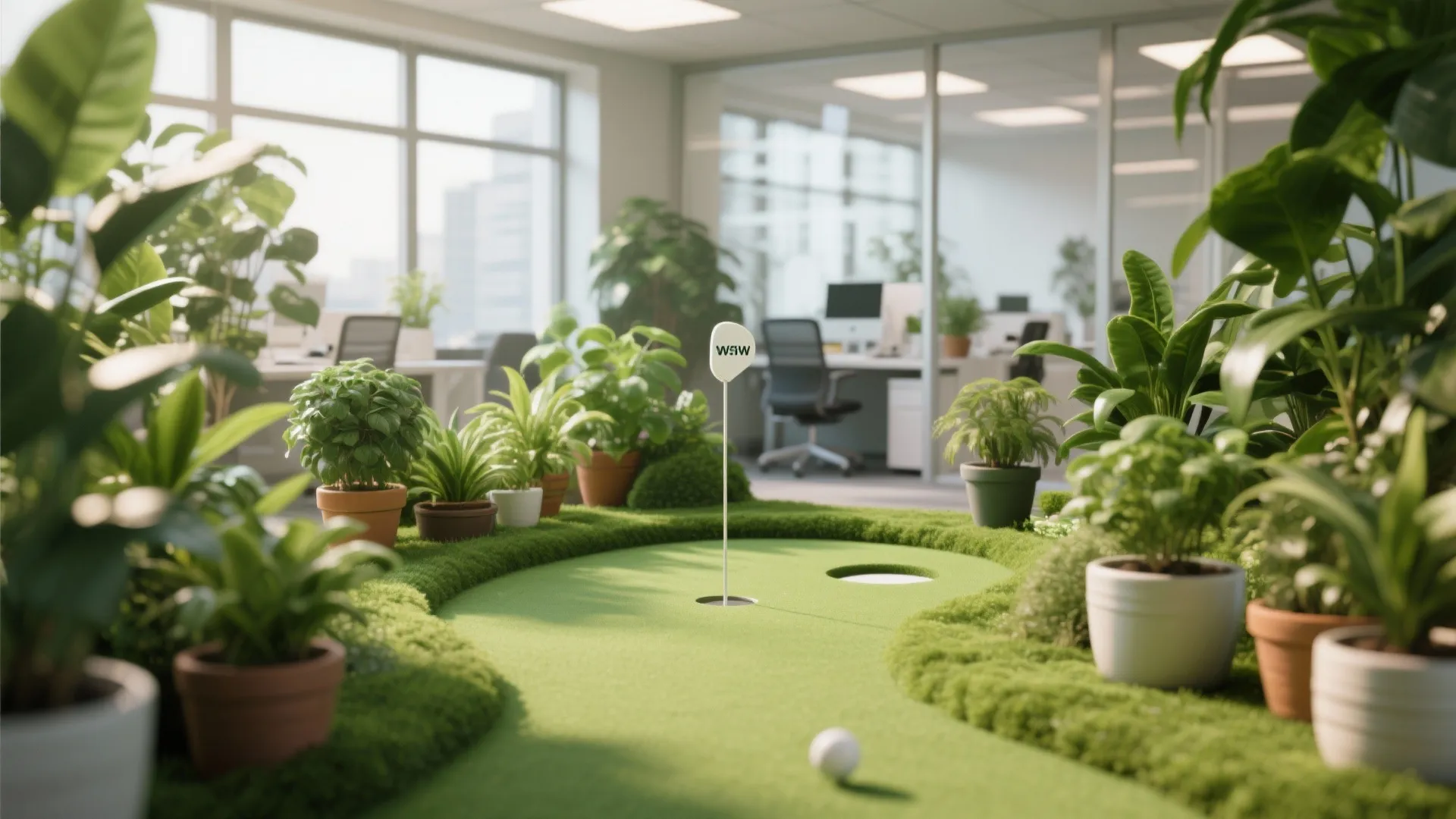 Indoor mini golf green surrounded by many green potted plants in a bright office space