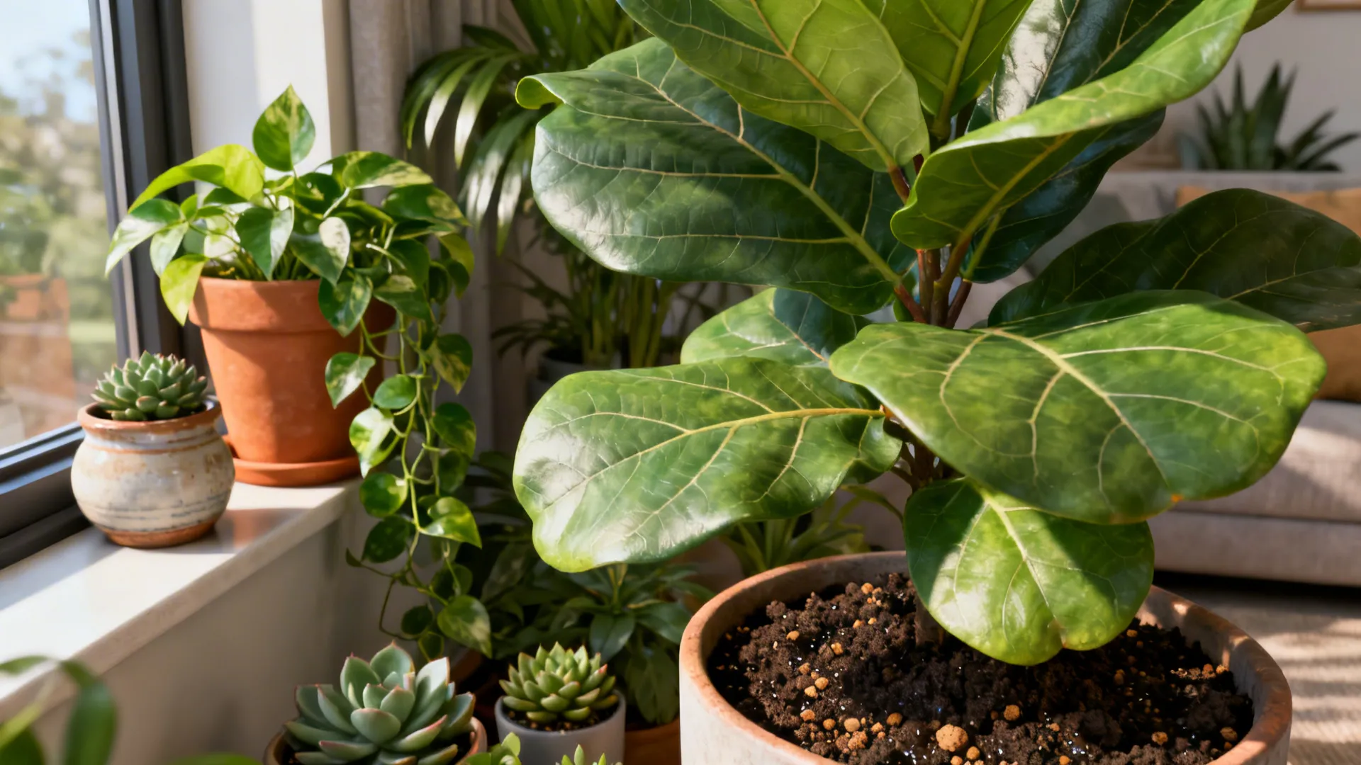Grouped living room plants including fiddle leaf fig, pothos and succulents in terracotta pots