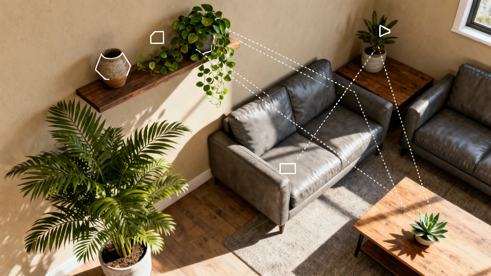 Top-down mockup floor plan showing plant placement options in a small living room for layering and circulation.