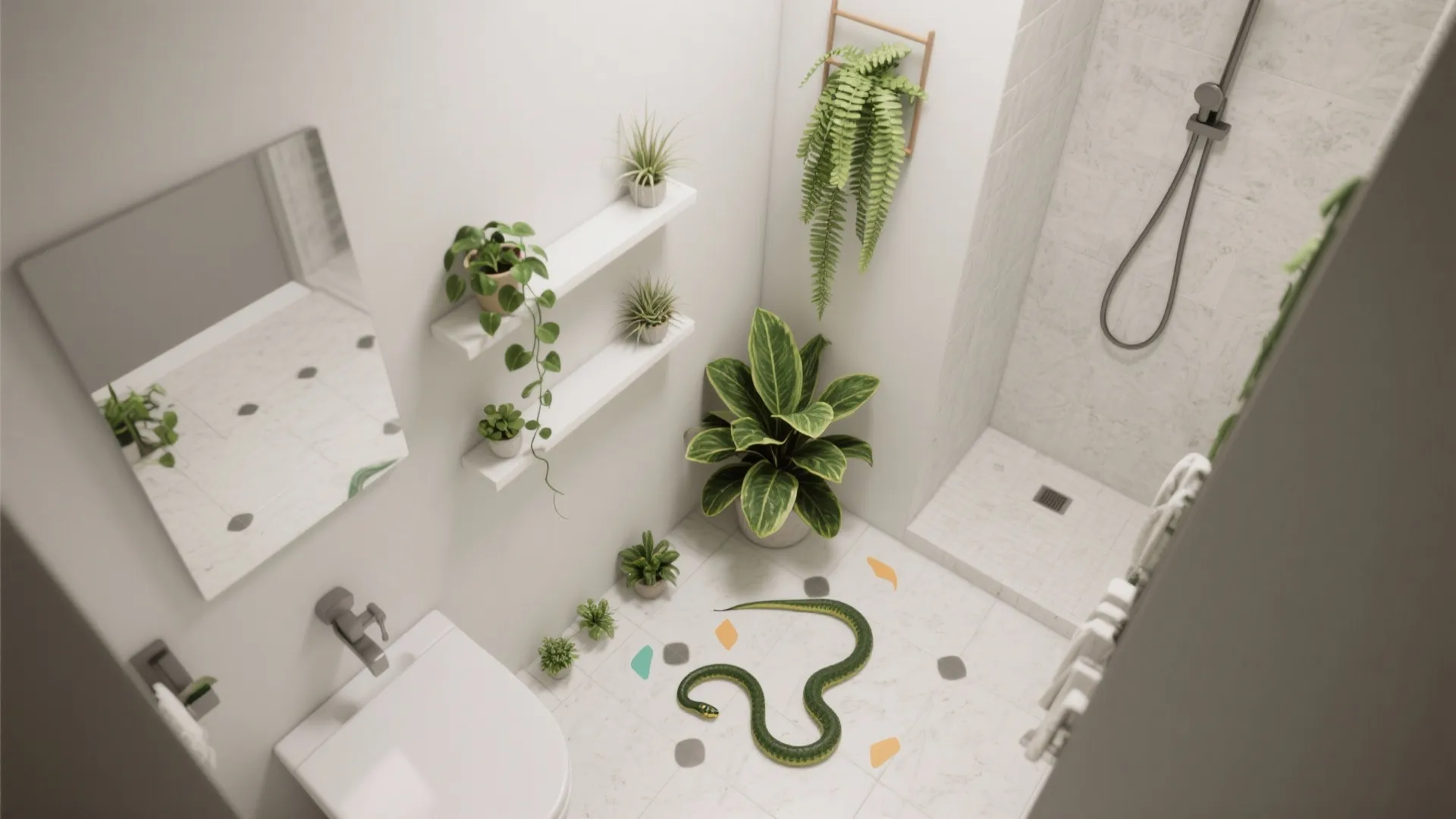 Top-down bathroom layout showing ideal placement for snake plant, pothos, fern, ZZ, and air plants.