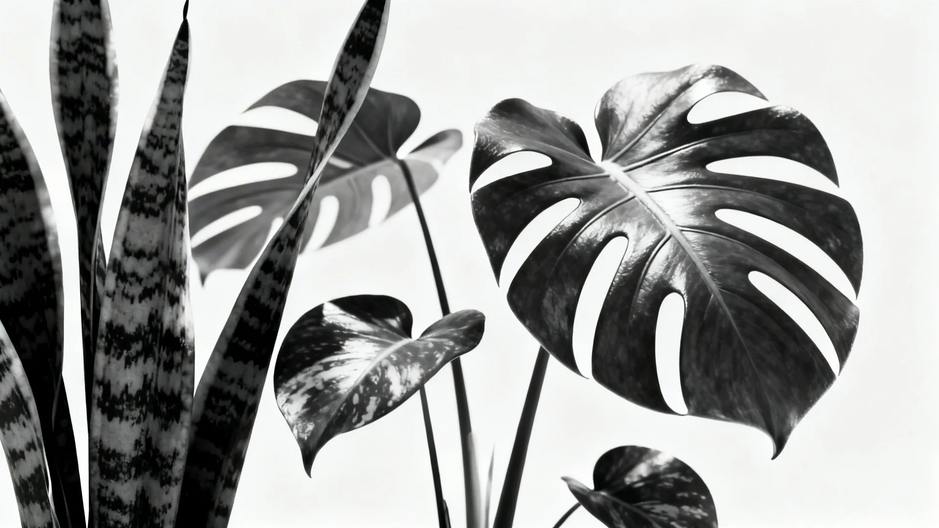 Close-up of monstera, snake plant and pothos leaves highlighting silhouettes against a monochrome backdrop