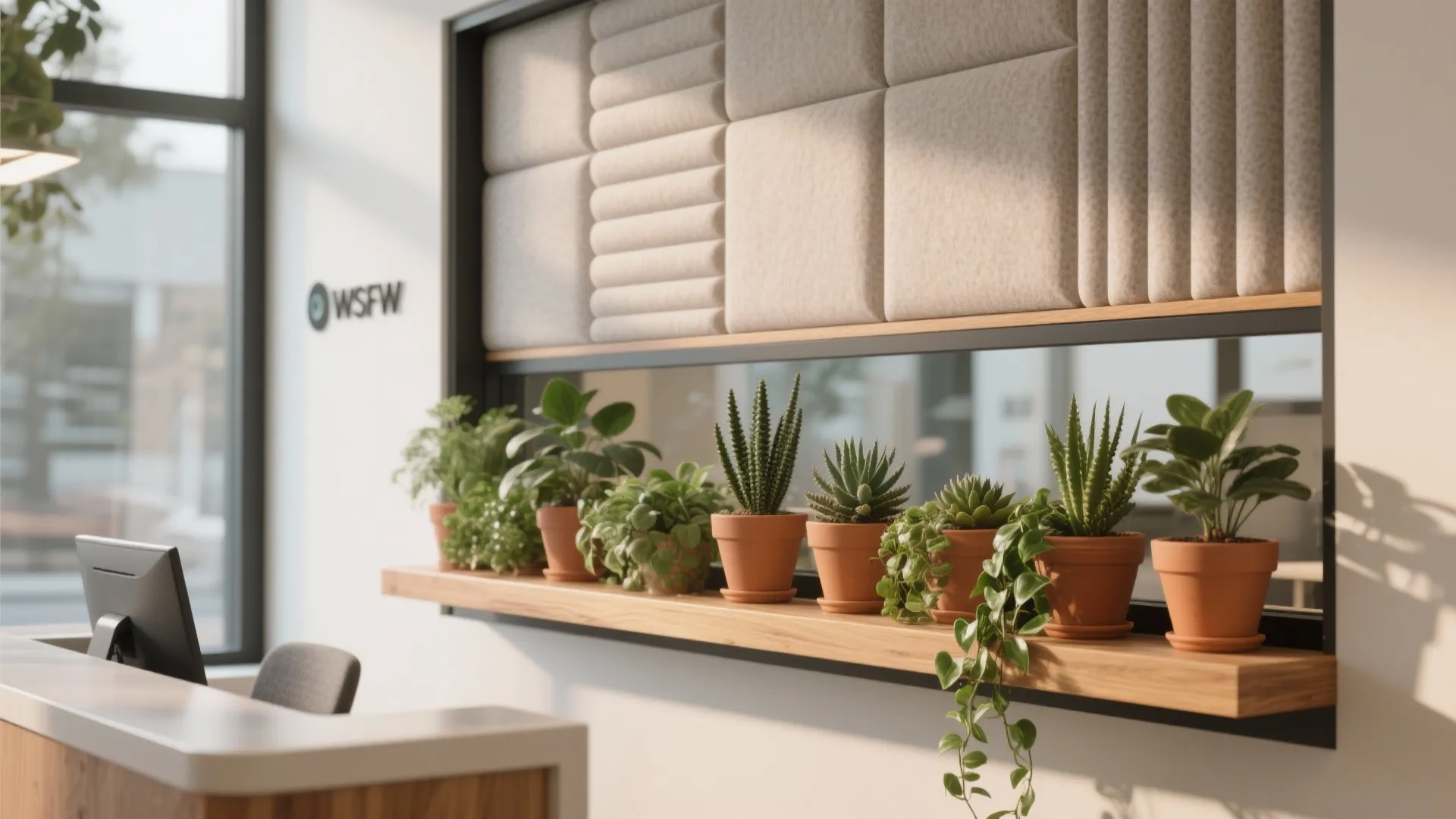 Reception window featuring an integrated plant ledge with low-care plants and moisture-resistant acoustic panels.