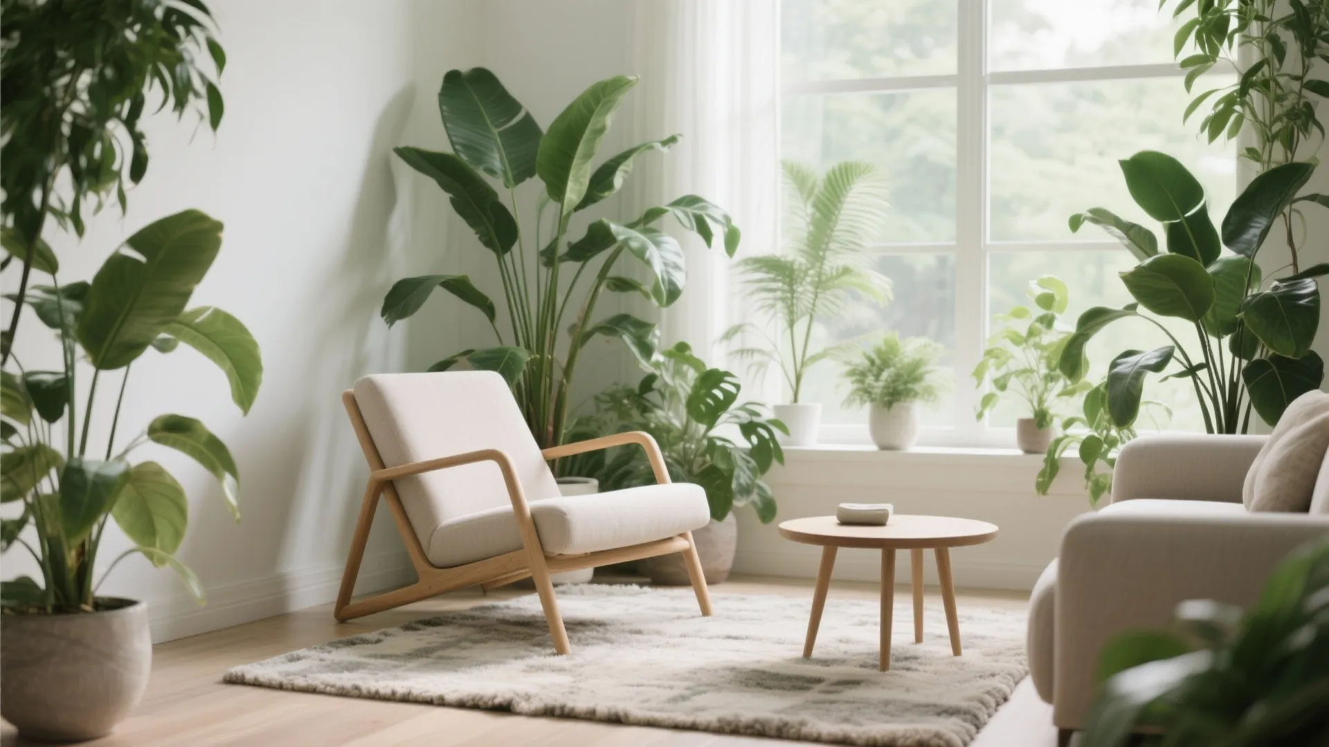Bright living room featuring a wooden chair round coffee table many green indoor plants sunlight