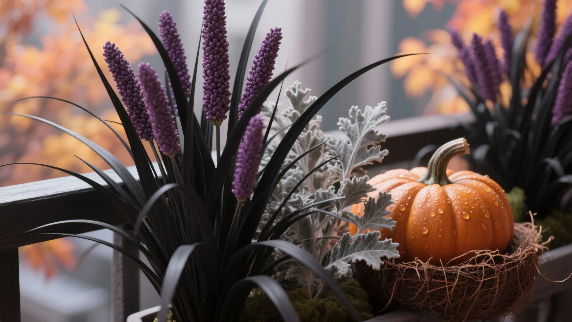 Small orange pumpkin with water drops sitting next to purple flowers and dusty miller plants