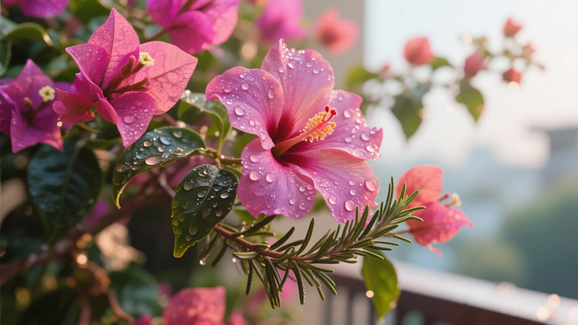 Close up of pink flowers with water drops on petals and green leaves in soft light