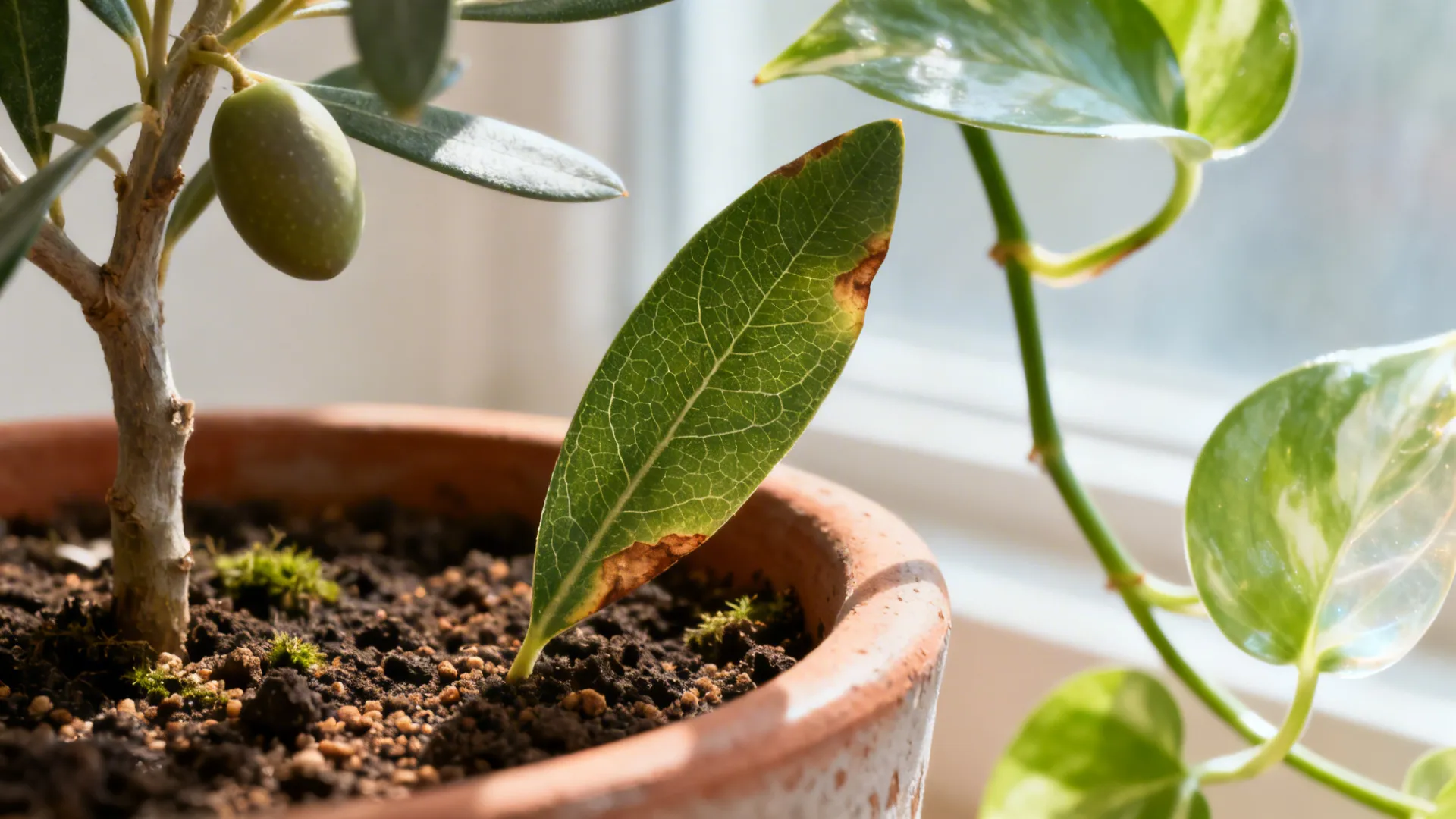 Macro of matte ceramic planter and olive tree and pothos leaves in soft daylight.