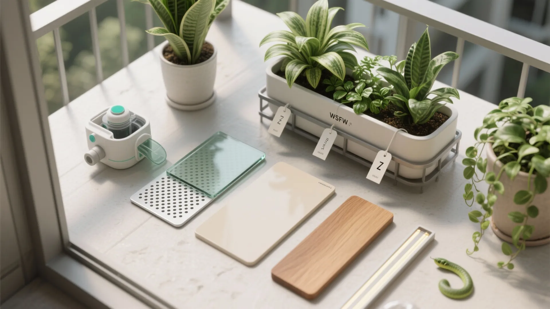 Flat lay of self-watering planters, perforated shelf, paint chips, wood veneer, LEDs, and plant tags.