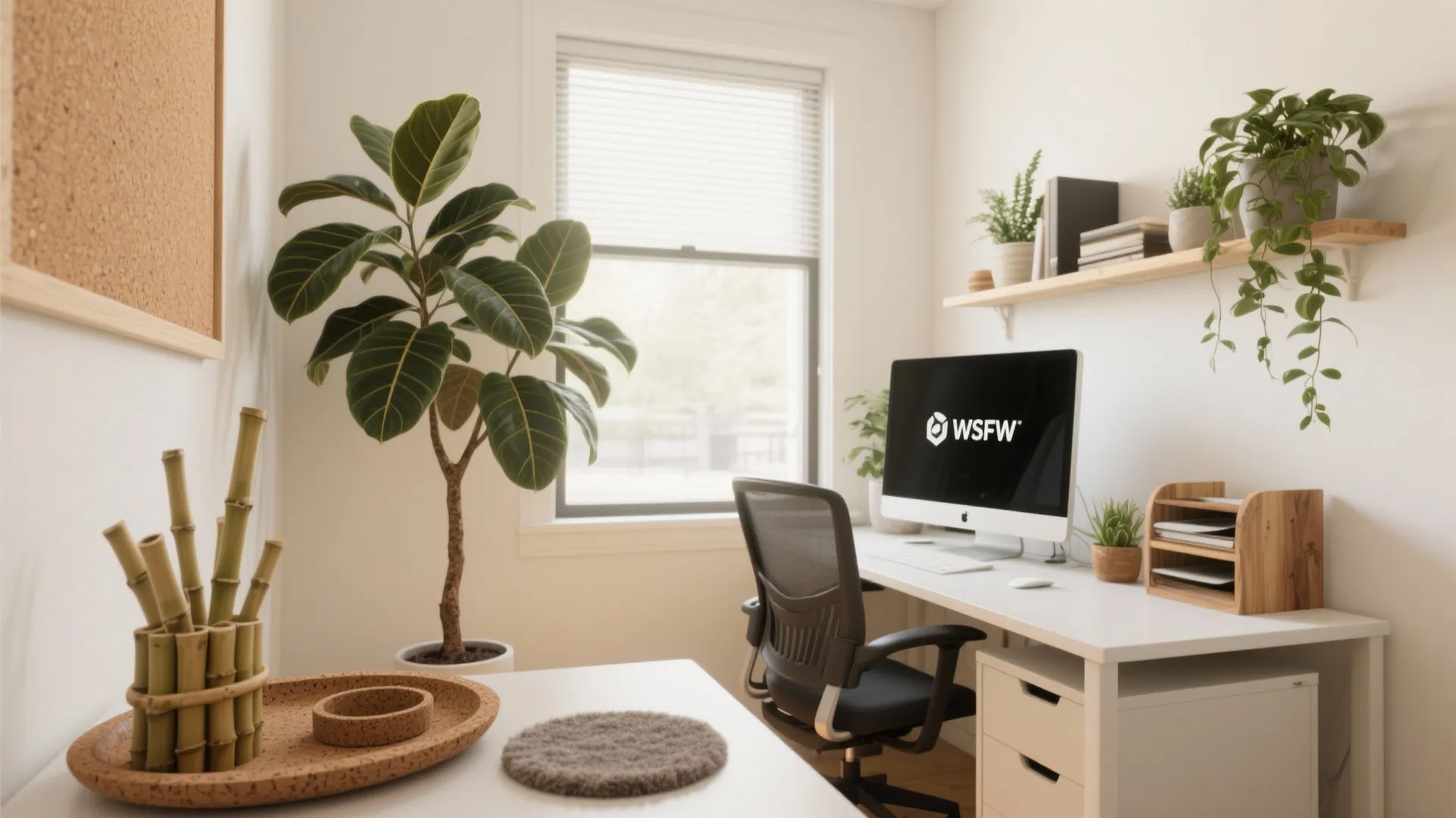 Home office with white desk black chair green plants wall shelf and natural window light