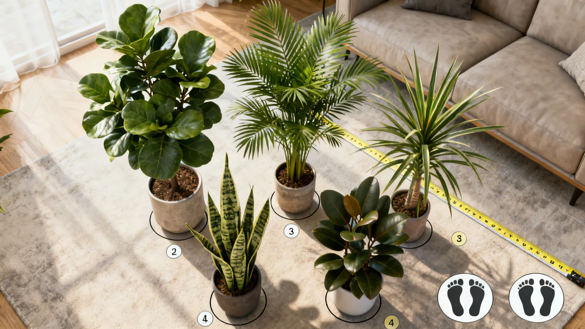 Top-down mockup of plant footprints and scale markers for planning tall plant placement.