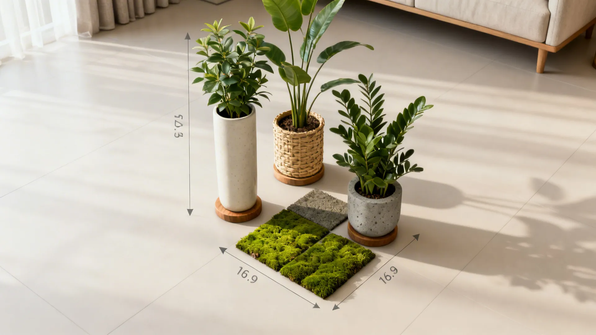 Top-down mockup showing faux plant placement options and pot material samples