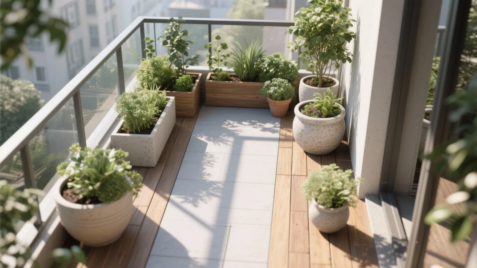 Top view of a balcony garden with green plants in wooden boxes and stone pots