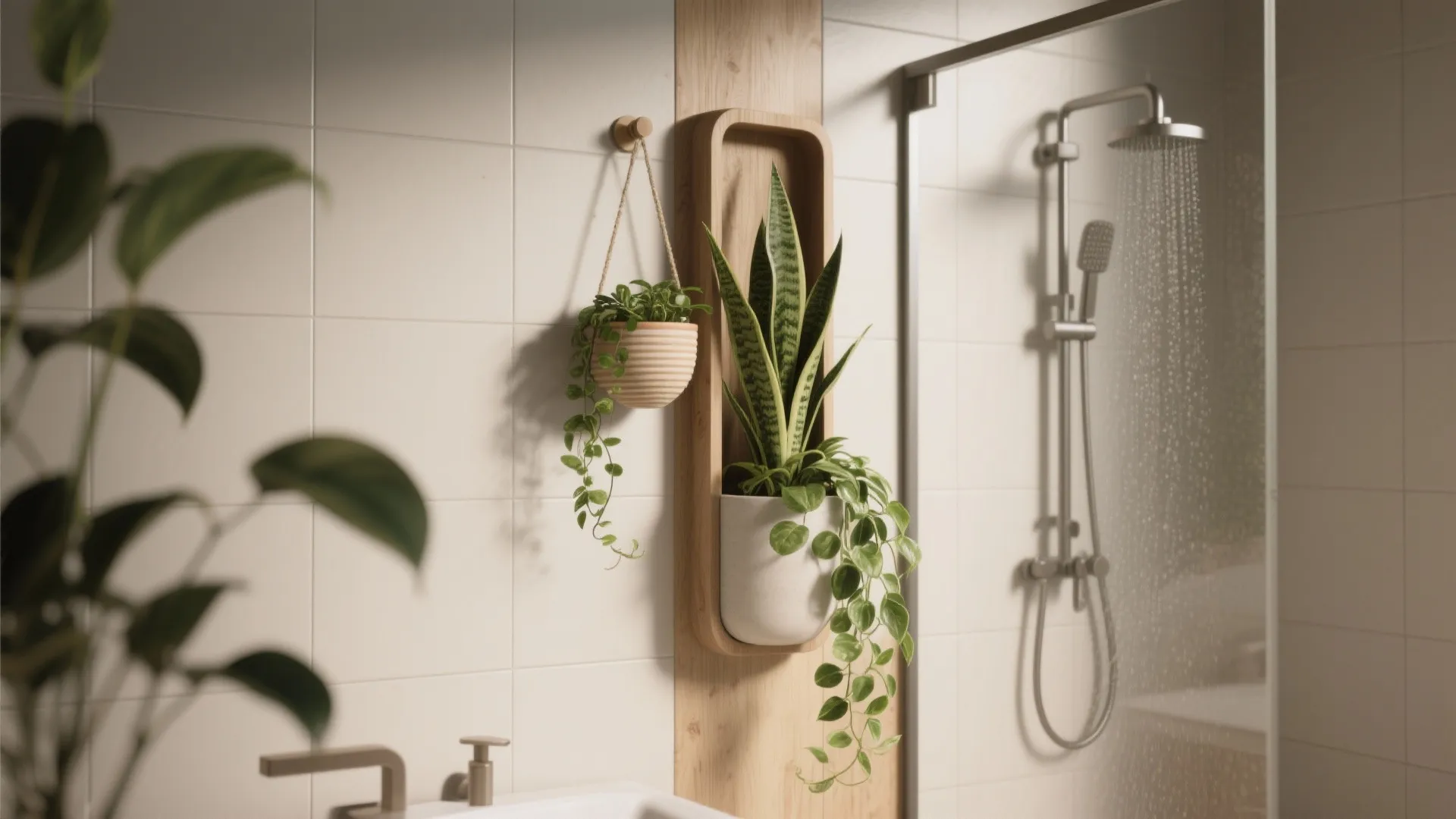 Modern bathroom wall with hanging green plants in wood shelf next to a shower glass