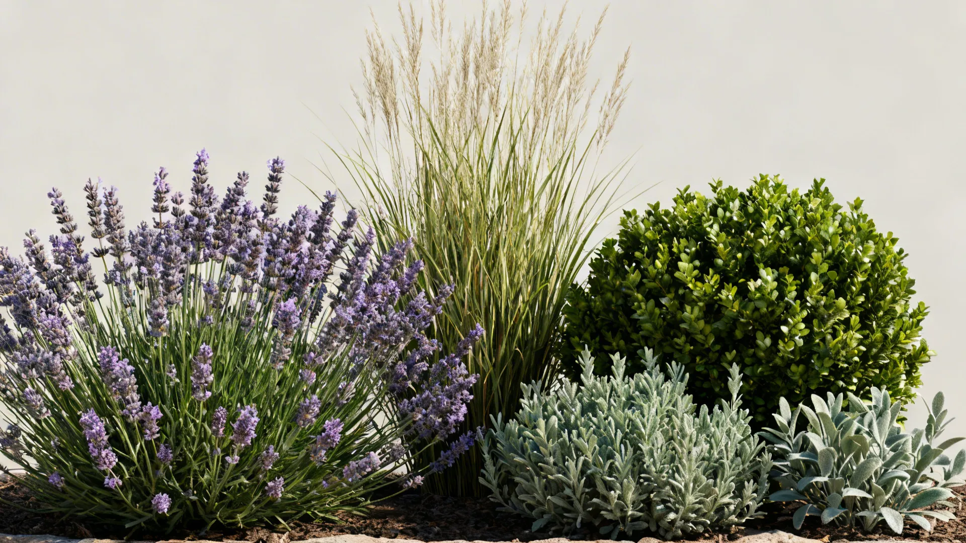 Curated selection of plants for ranch yards including lavender, boxwood, ornamental grass, and sage.