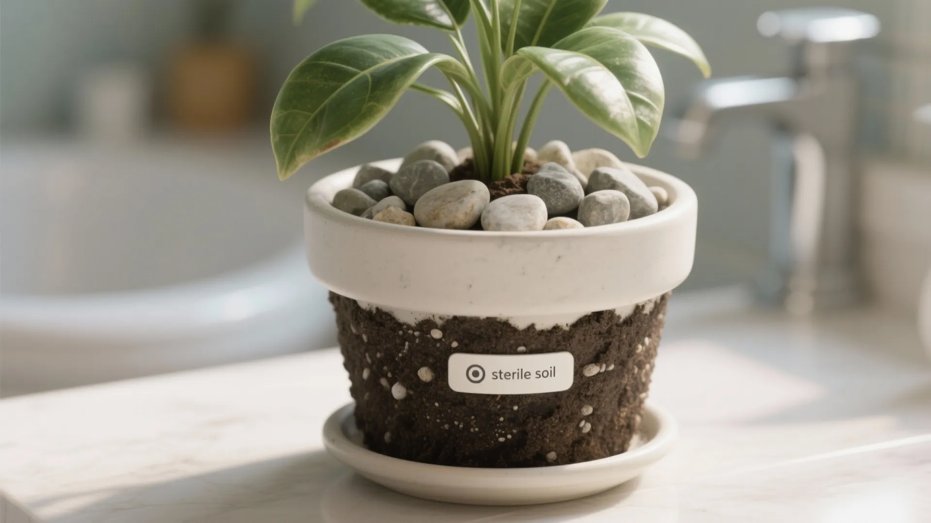 Bathroom plant repotted in sterile soil with pebbles in a saucer to prevent overwatering and gnat breeding.