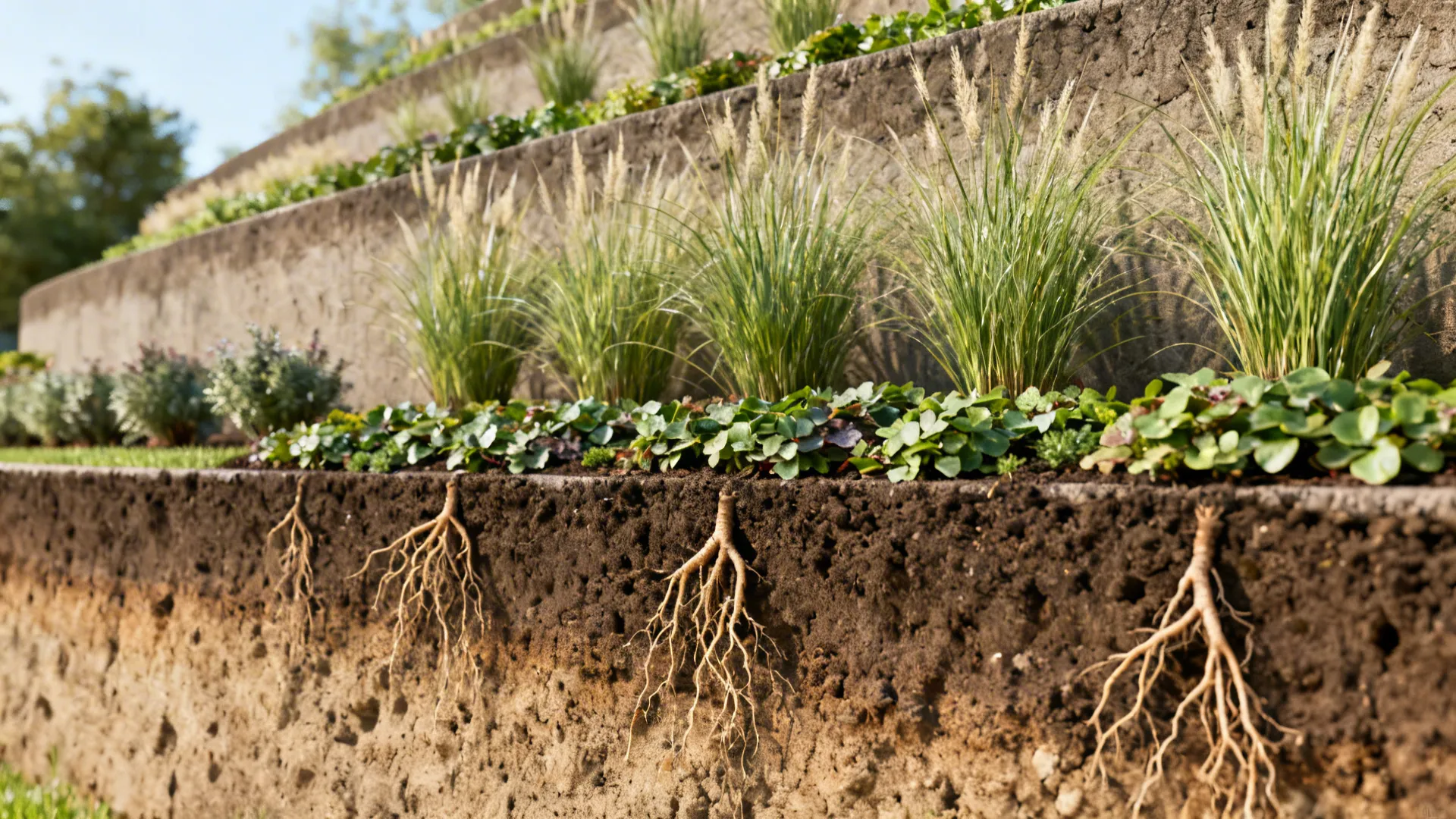 Cross-section of a terraced garden showing green plants on top and roots growing in soil