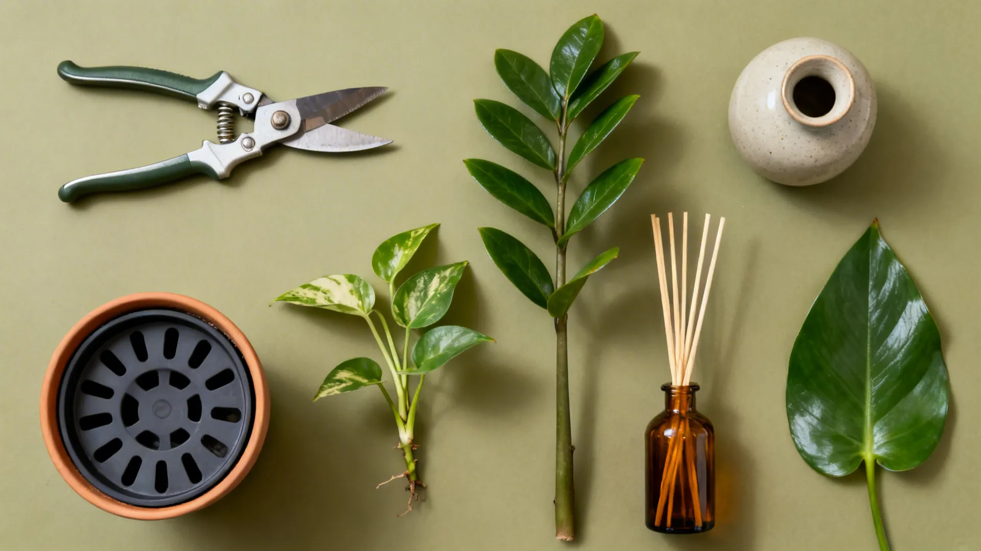 Top-down kit with plant cuttings, self-watering insert, ceramic vase, and reed diffuser.