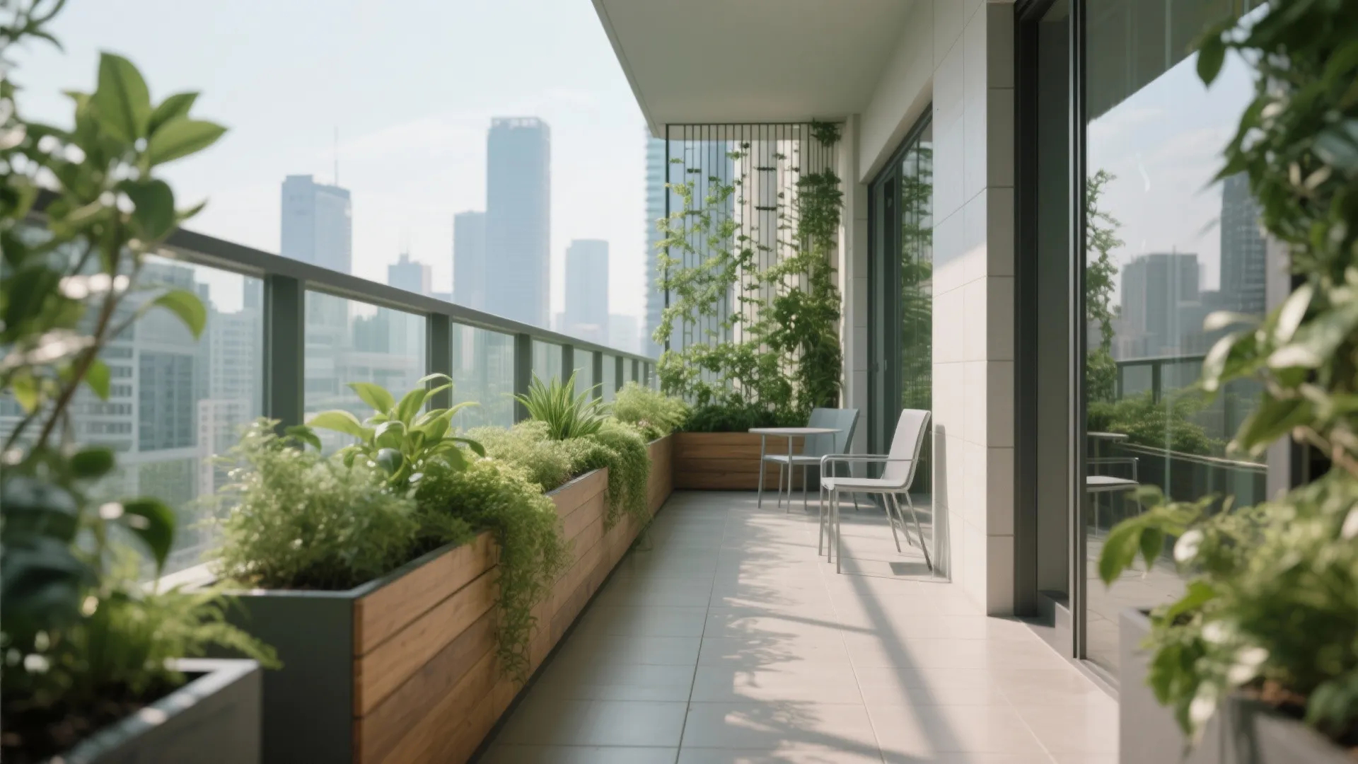 Sunny balcony design with wooden flower boxes green plants small table and white outdoor chairs