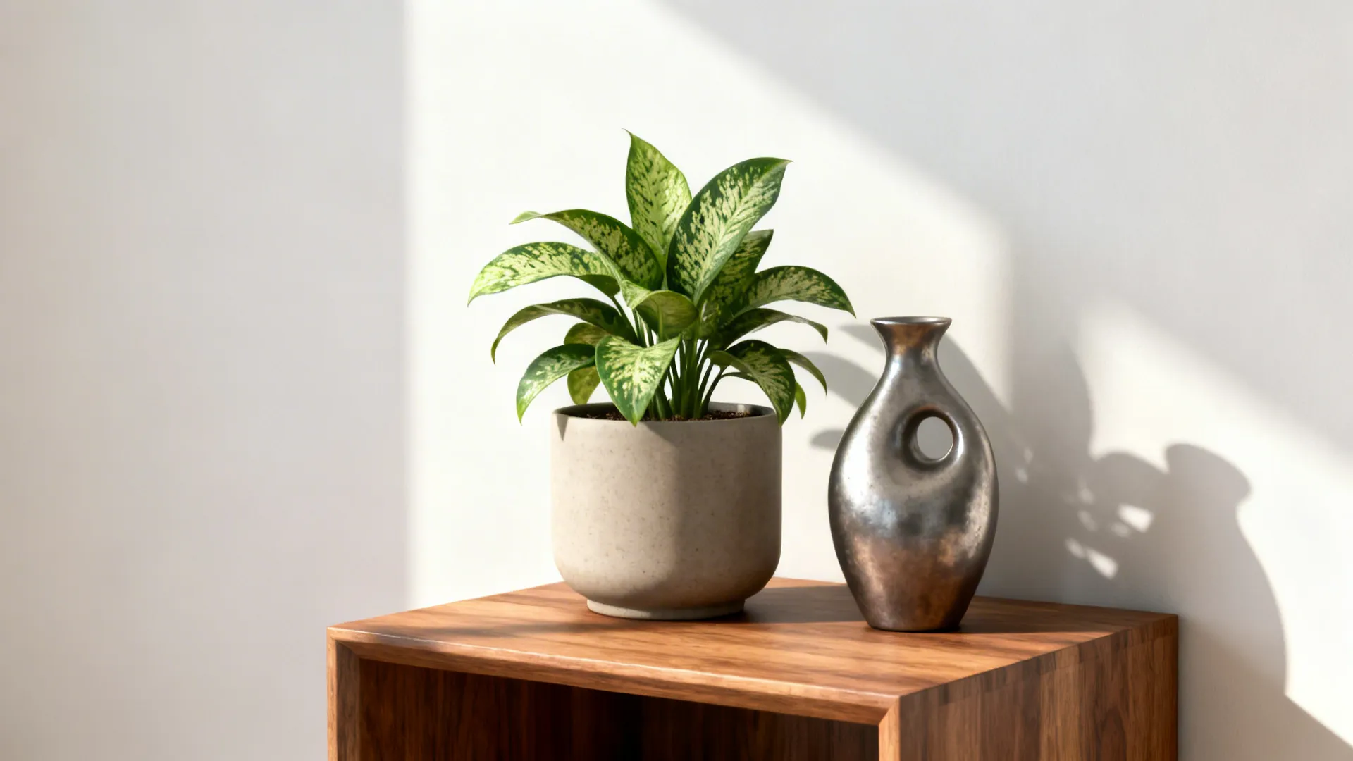 Side table with a potted plant and a single sculptural object creating living contrast.
