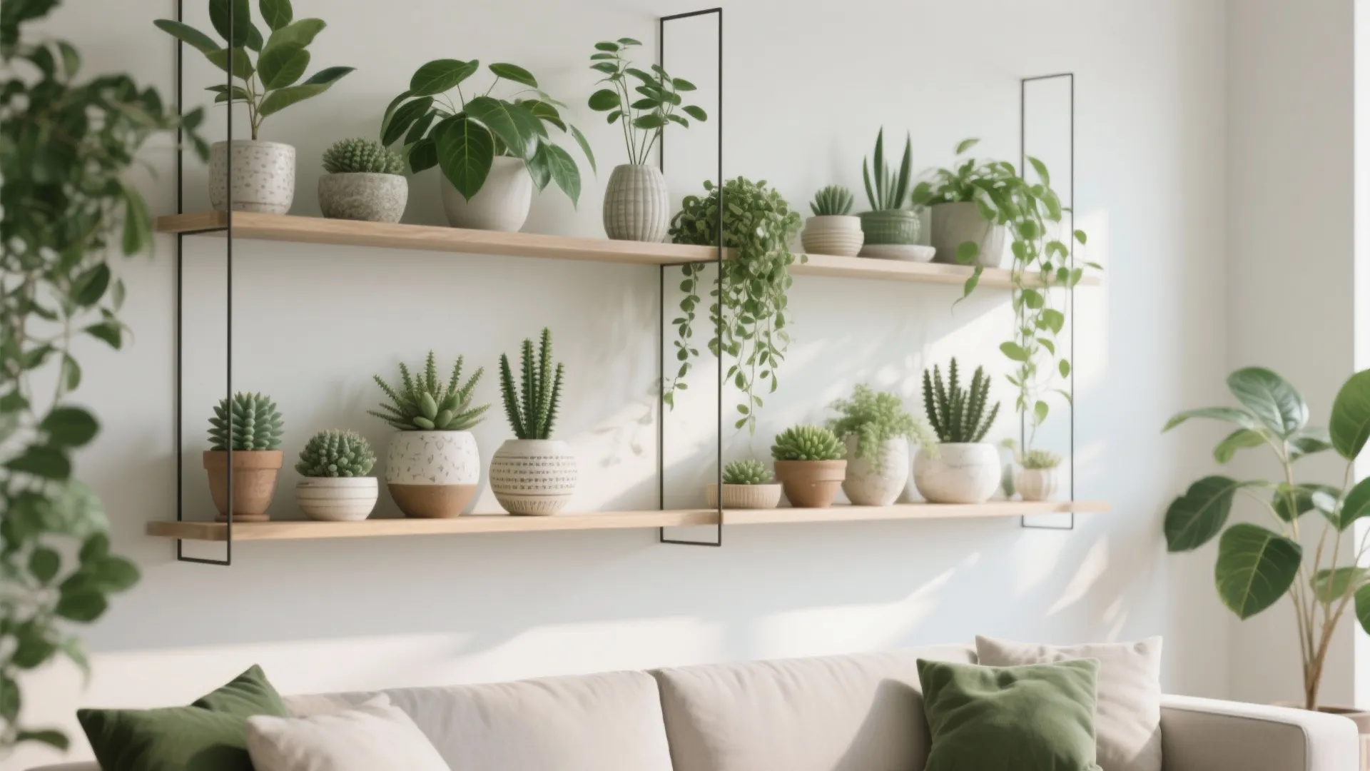 Wooden wall shelves with many small green plants in white pots above a beige sofa