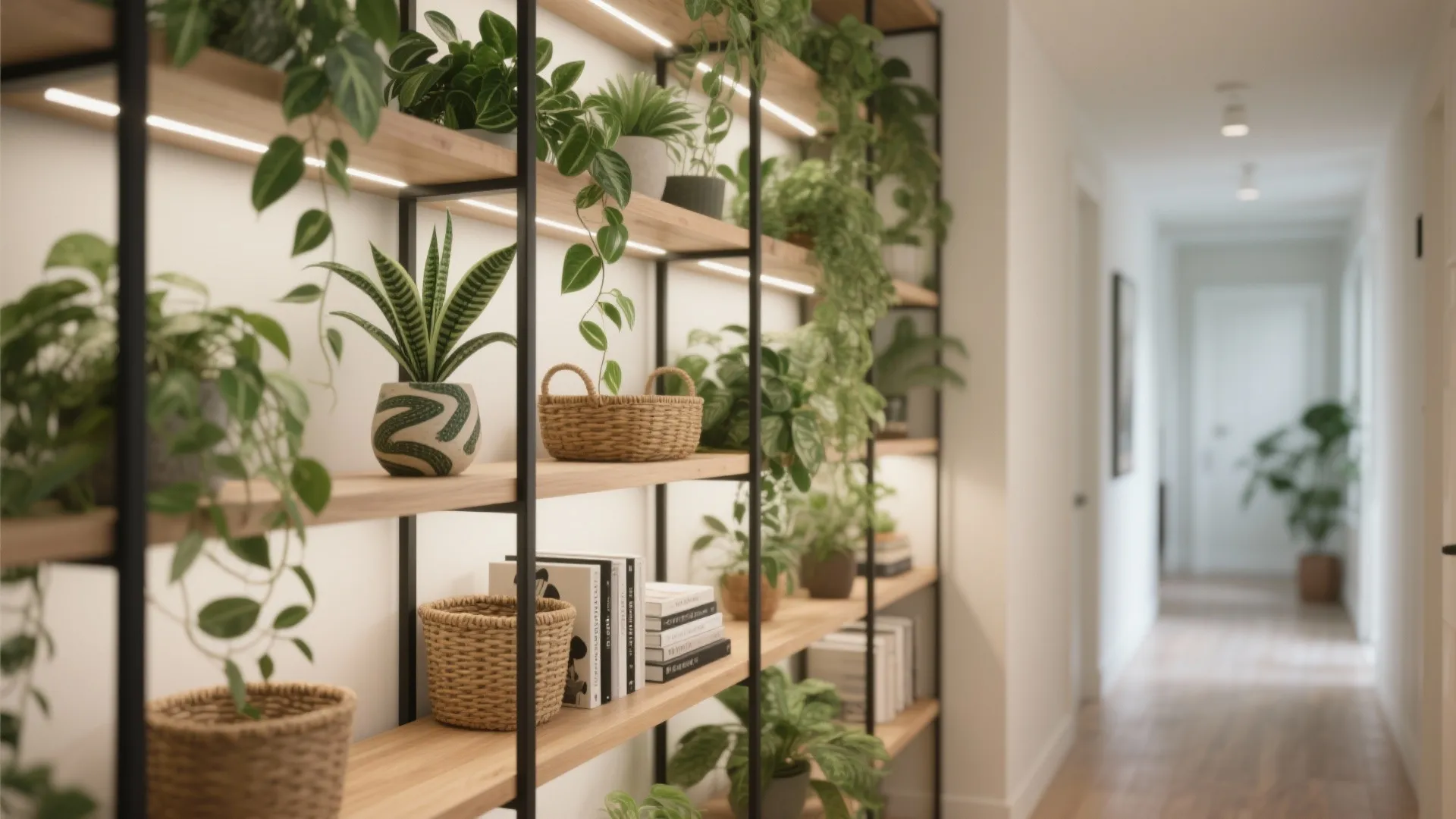 4) Green Divider: Open Shelves with Plants