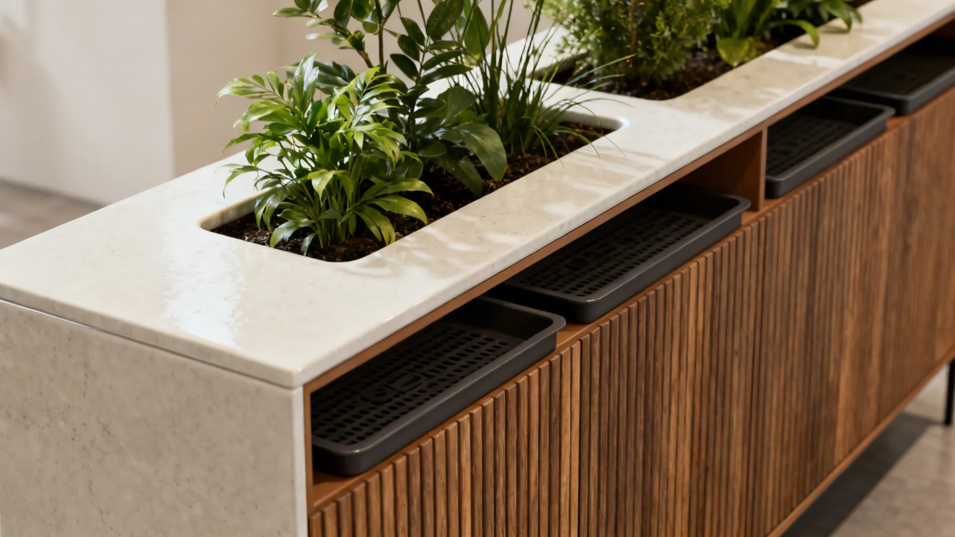 Slim sideboard with recessed planter sections showing waterproofing and drainage details.