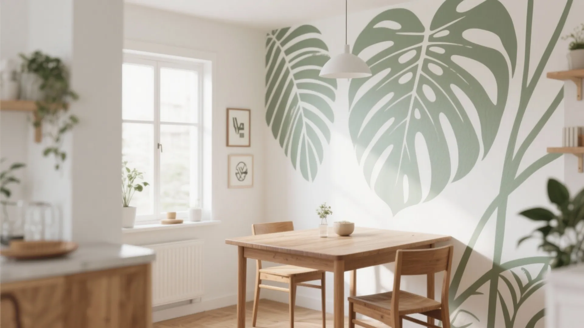 Dining area with wooden table and chairs featuring large green leaf patterns on the wall