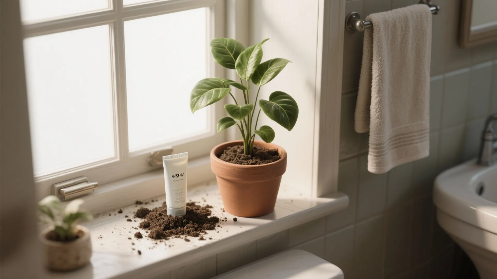 Green potted plant on bathroom window sill with soil mess and white product tube nearby