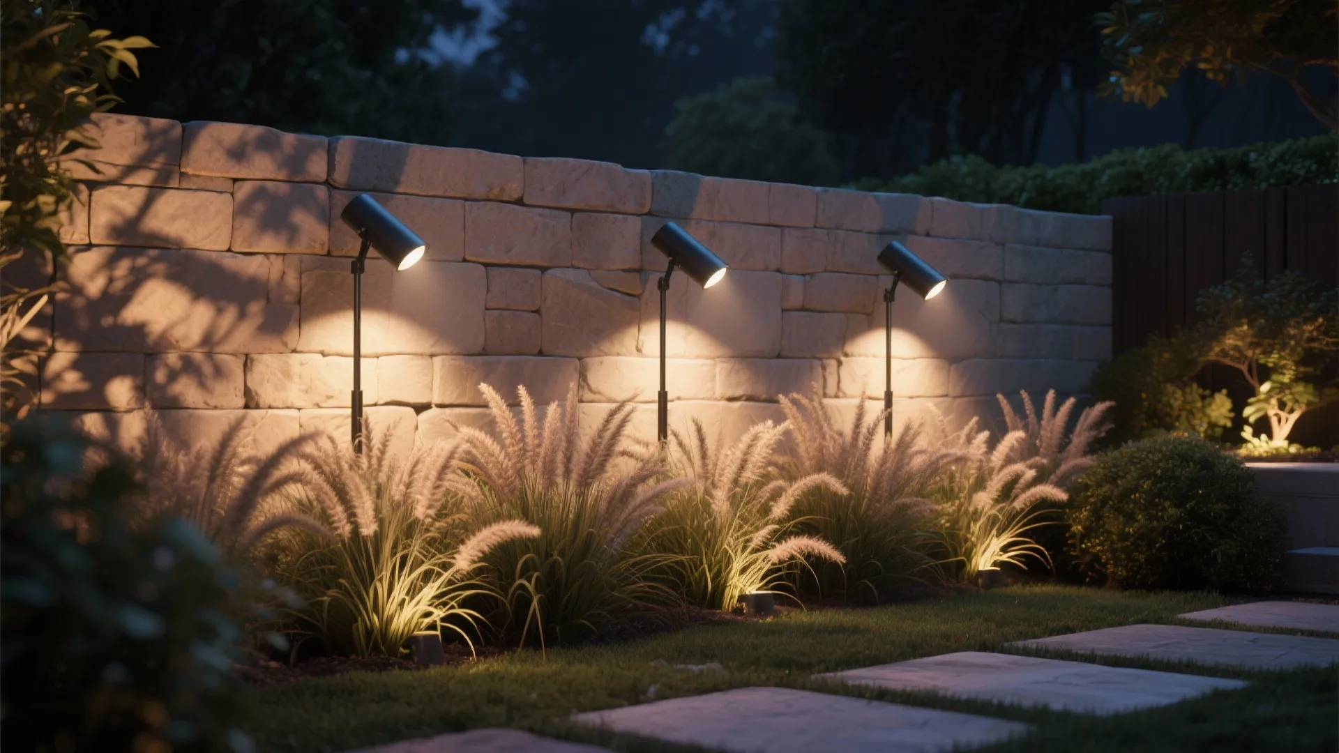Outdoor garden at night with black light fixtures illuminating a stone wall and tall plants