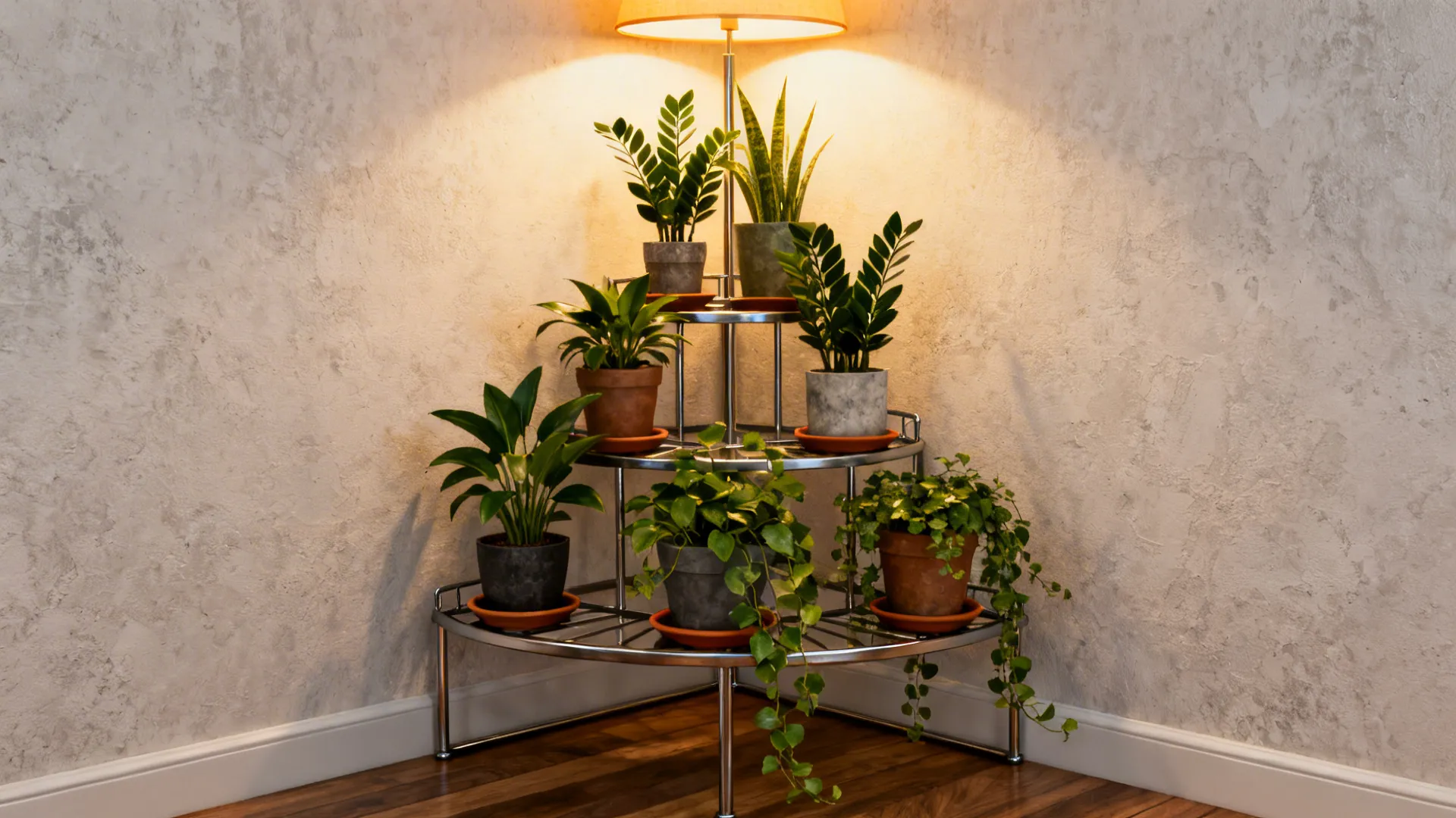 Three-tier metal plant stand used as an accent corner table with ZZ plant and trailing greenery.