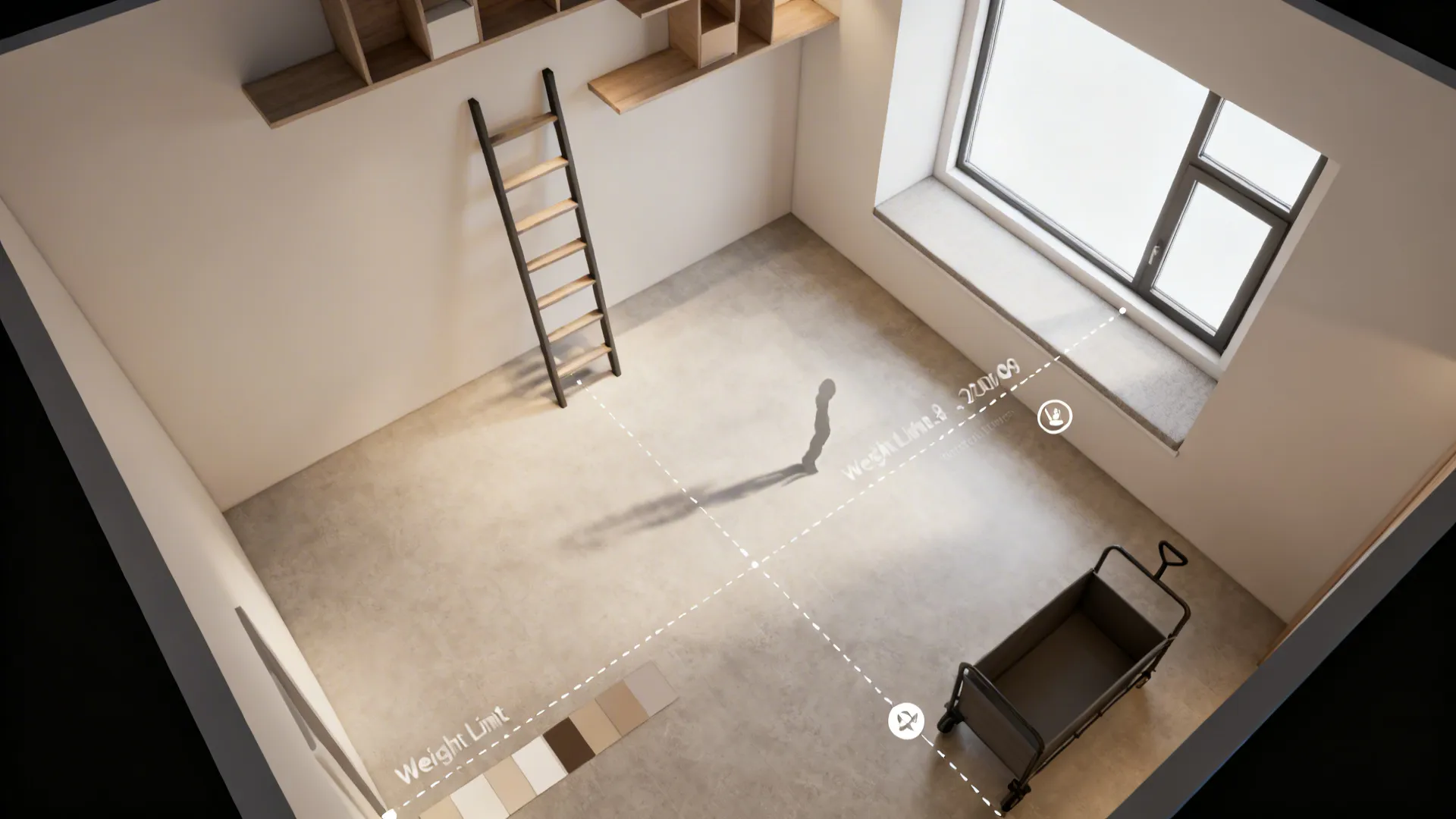 Top-down 3D mockup showing plant stand placement, sightlines, and scale testing in a small living room.