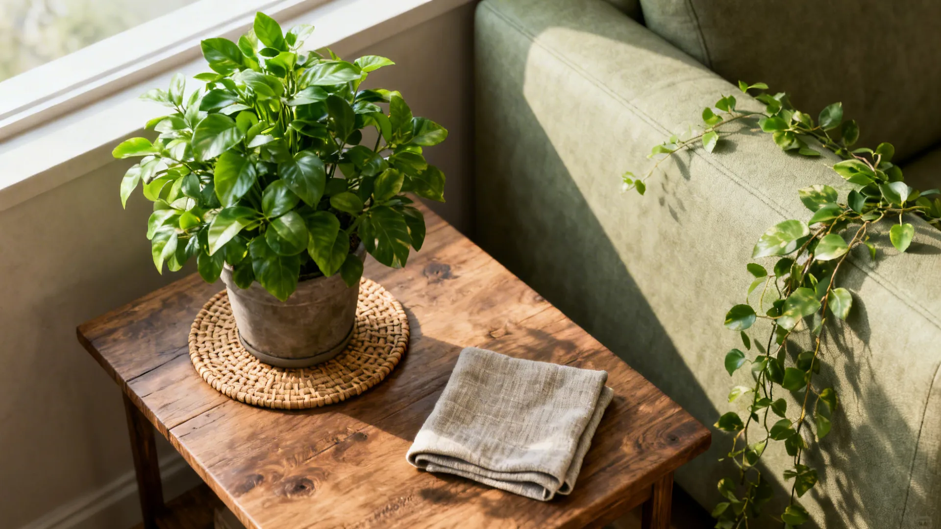 End table with potted plant and woven textile accents near a sofa