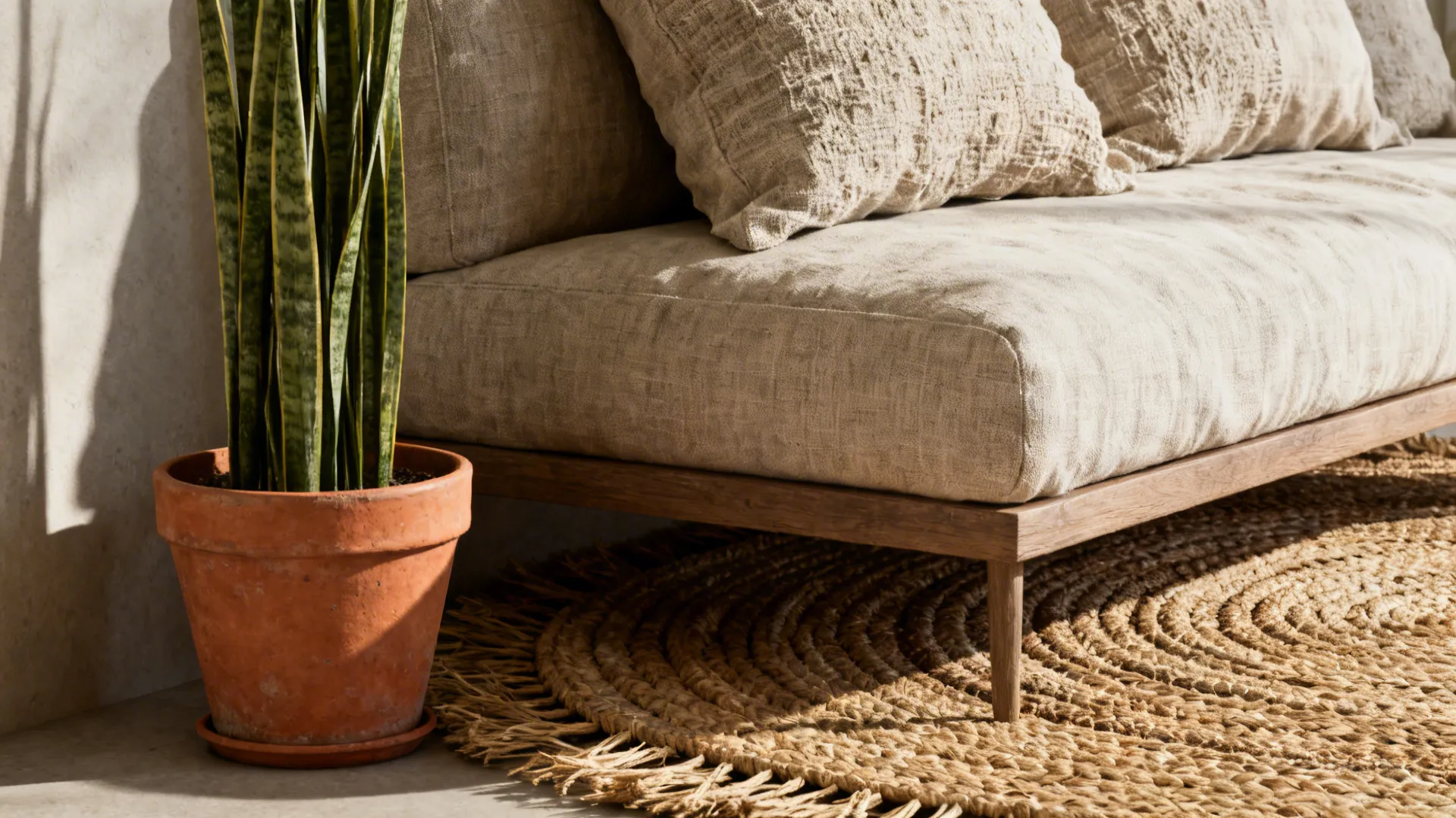 Close-up of a tall narrow plant, textured natural-fiber rug, and linen cushions in a small living room.
