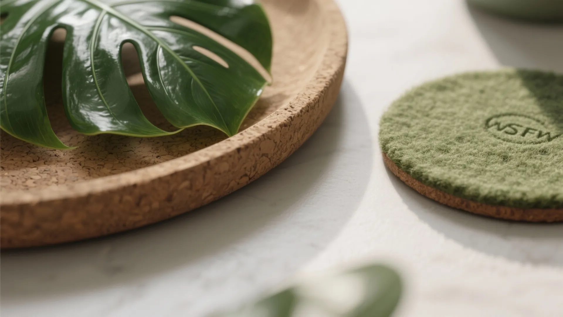 Close up view of green tropical leaf on wood tray with soft green round coaster