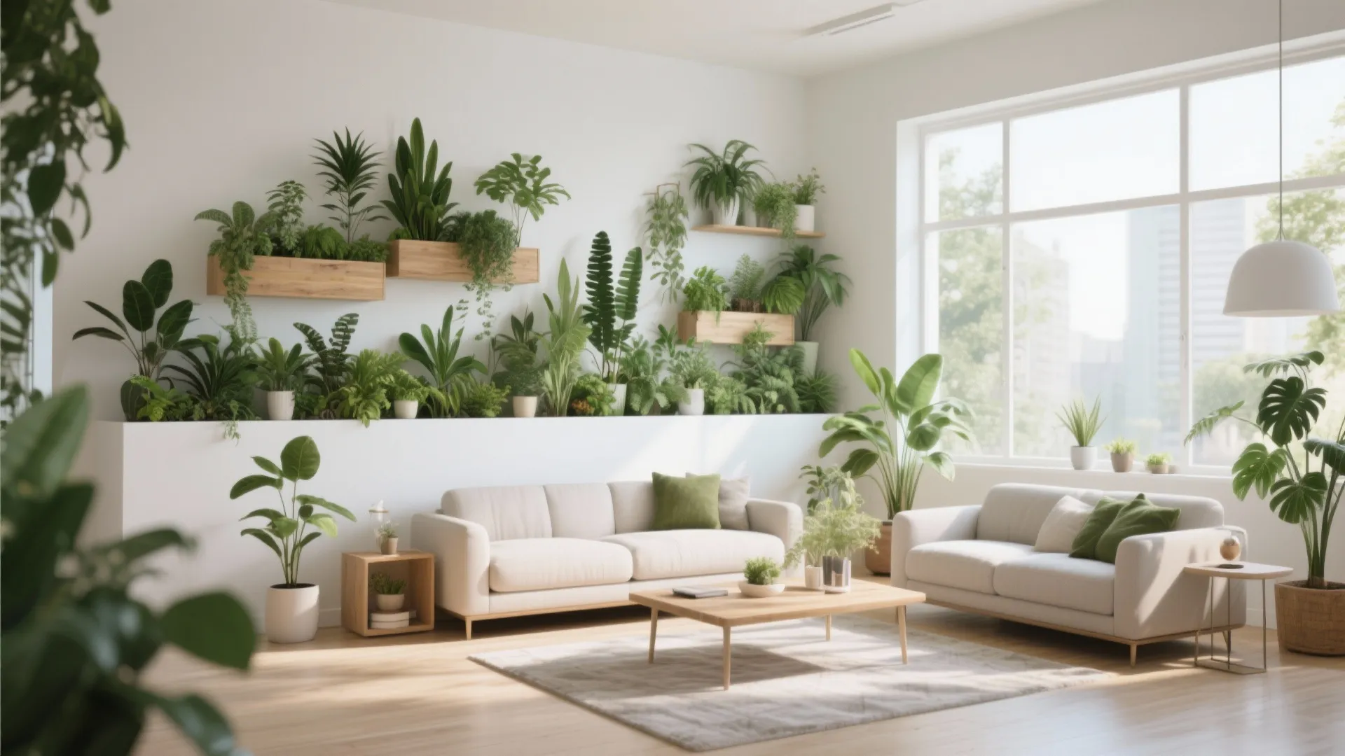 Bright living room with many green plants on white wall ledge behind two comfortable sofas