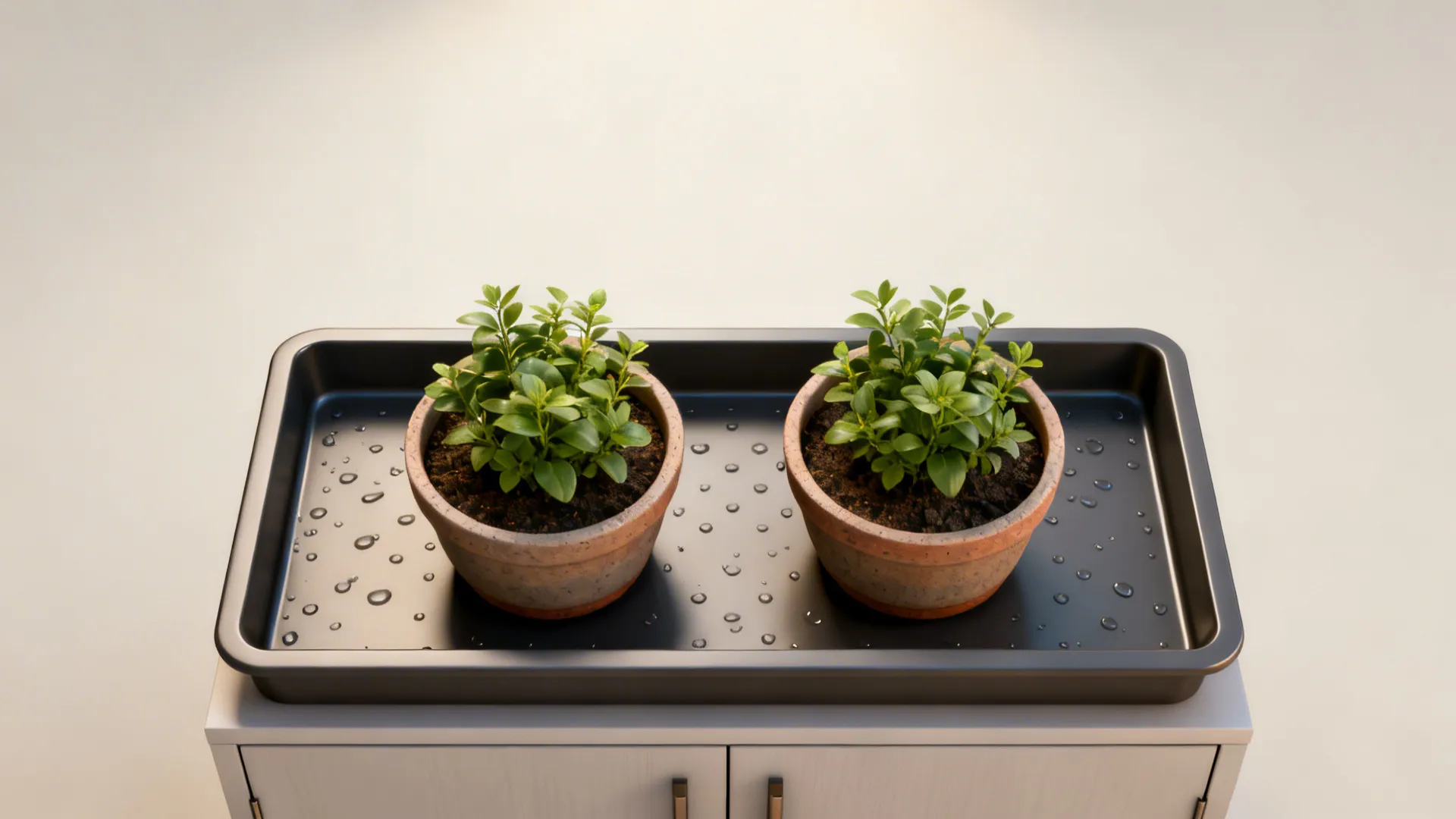 Top-down view of a waterproof tray and two evenly spaced planters above cabinets.