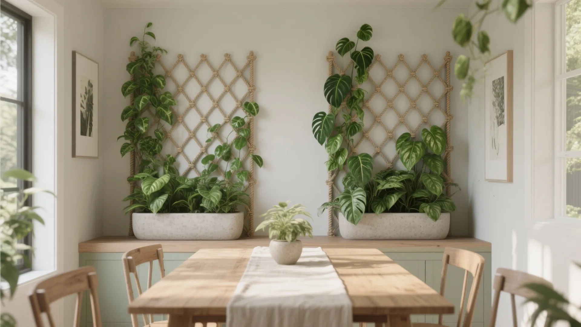 Dining room with wooden table and two green plant walls using wooden frames and ropes