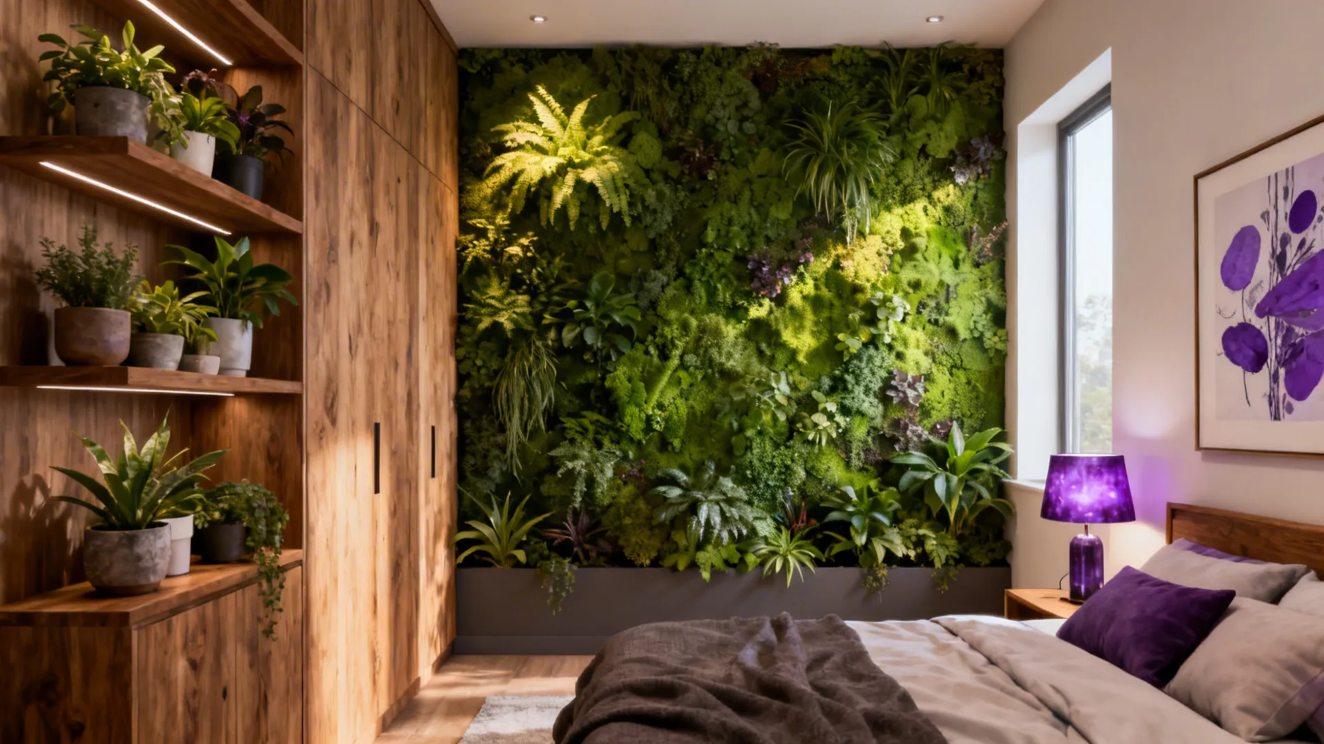 Small bedroom with a living plant wall and amethyst bedside accents