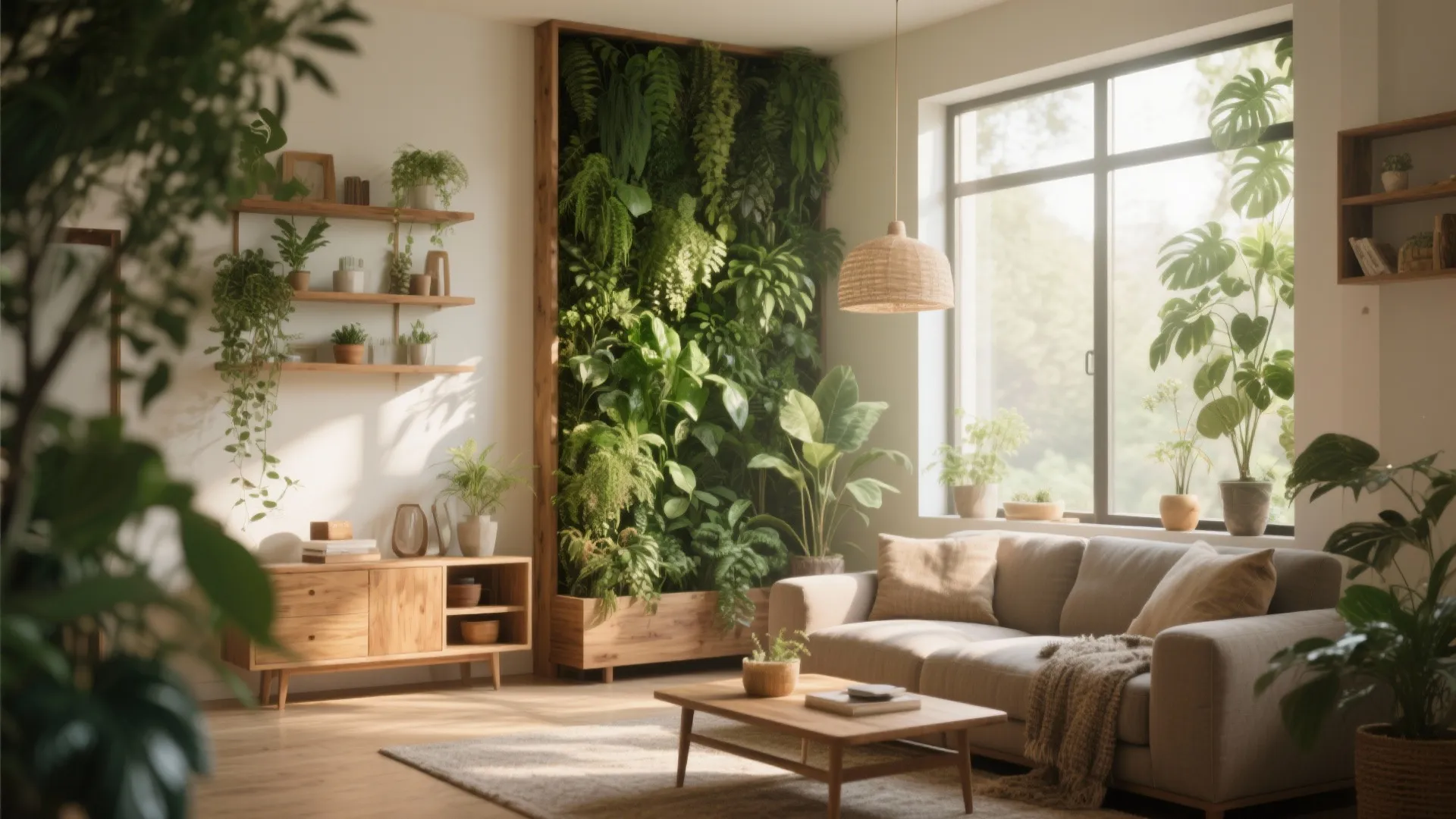 Modern living room featuring a vertical plant wall green sofa wooden cabinet and large window