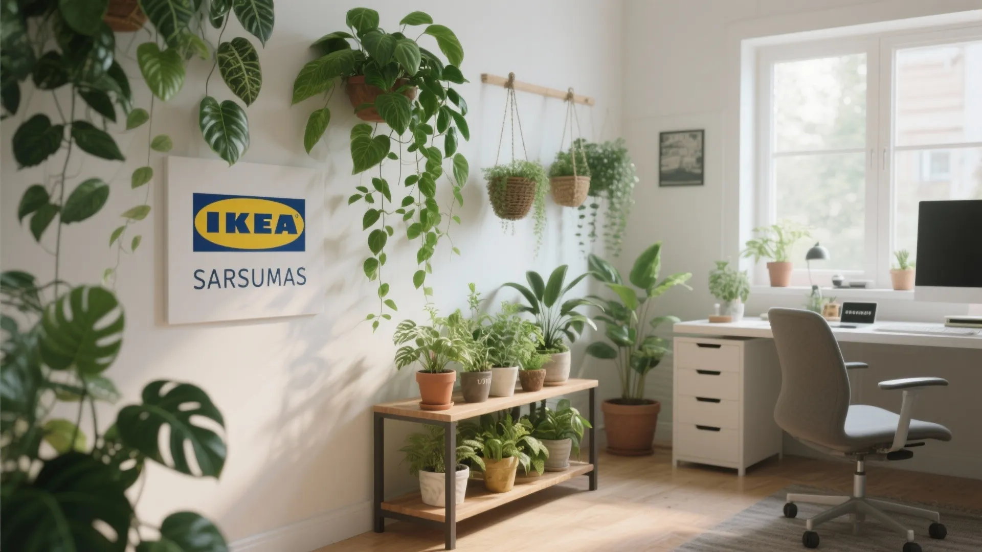 Bright home office filled with green plants featuring a white desk grey chair and light