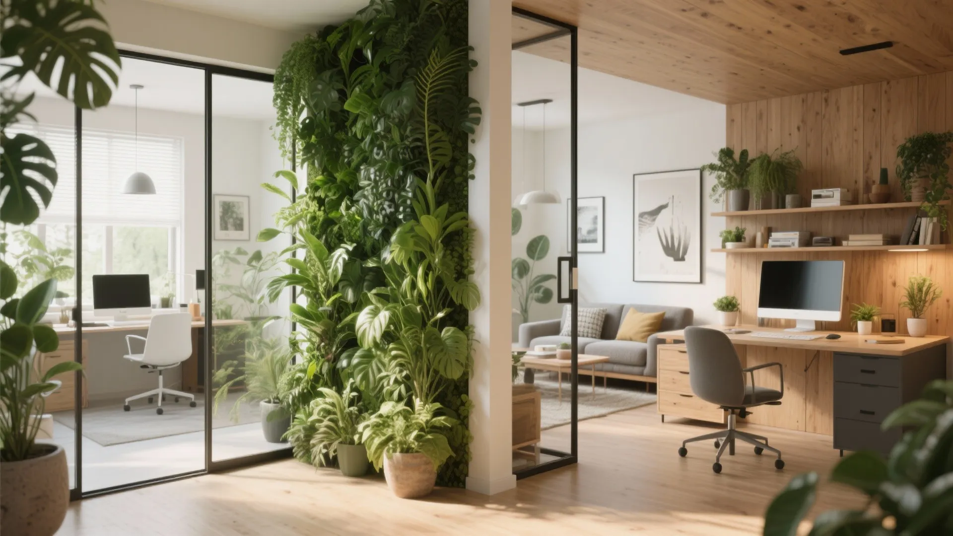 Vertical green plant wall used as a natural room divider between two modern home office
