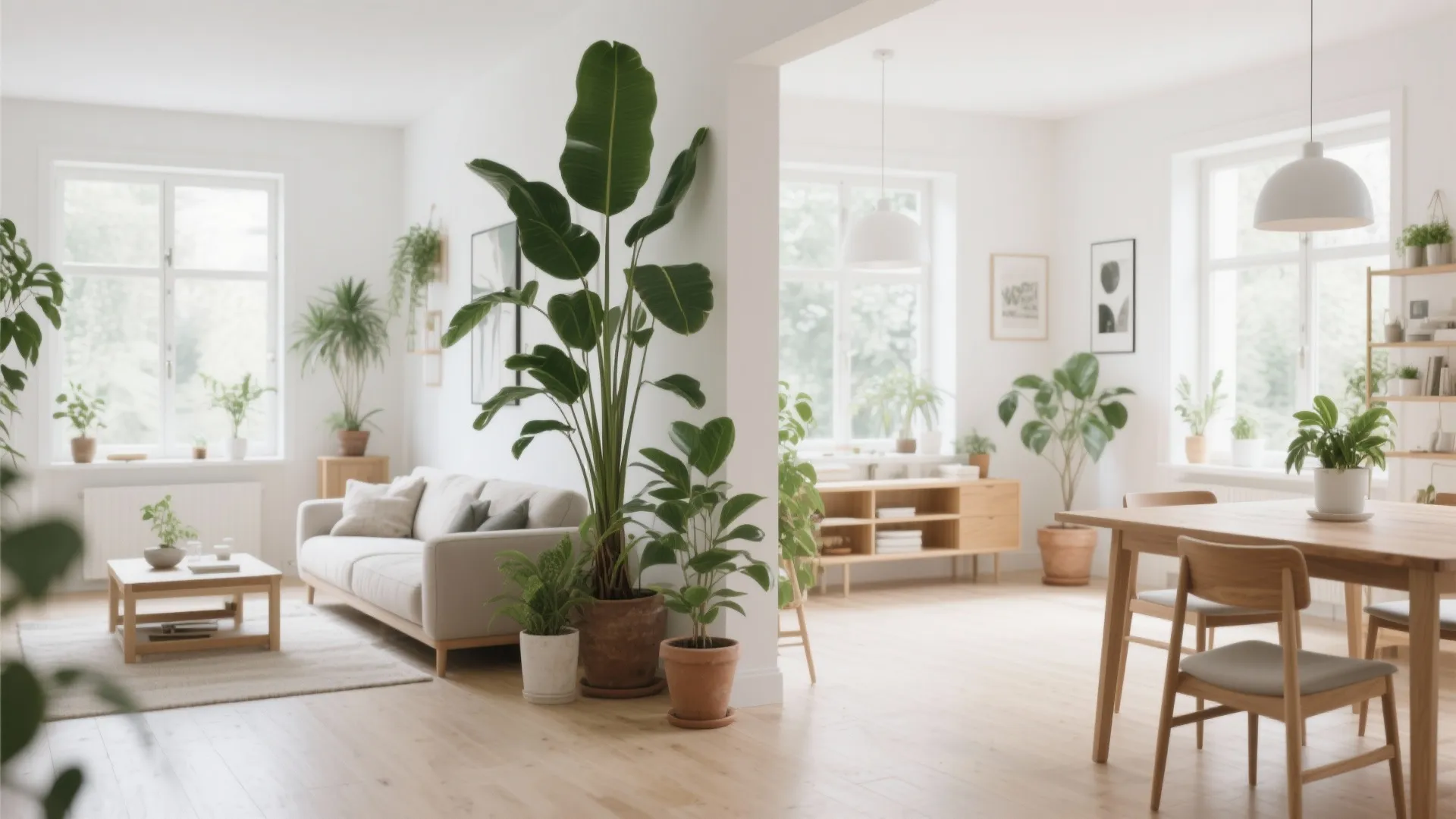 Bright white room interior with green potted plants used as a natural divider between living spaces