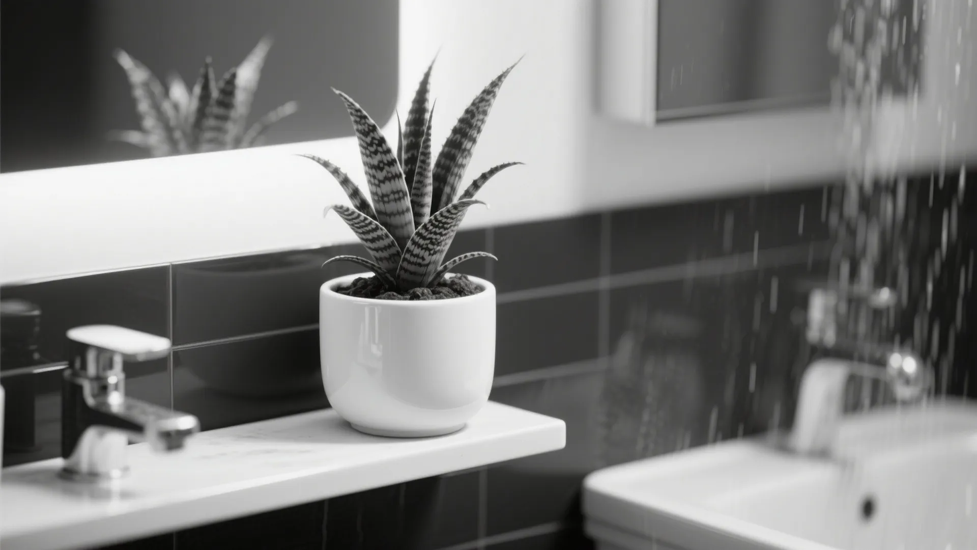 Small green plant in a white pot sitting on a bathroom shelf near a sink
