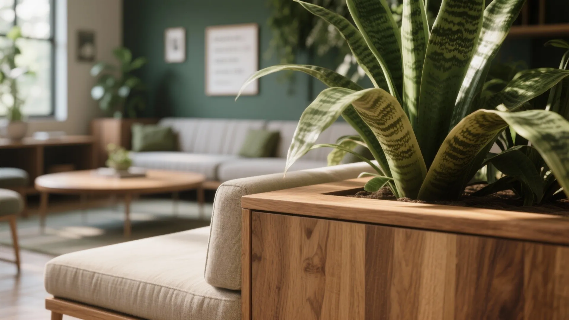 Close up of green plant in wooden planter with blurred living room and sofa in background