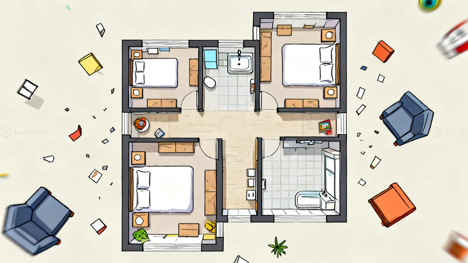 Planta de casa com três quartos e dois banheiros
