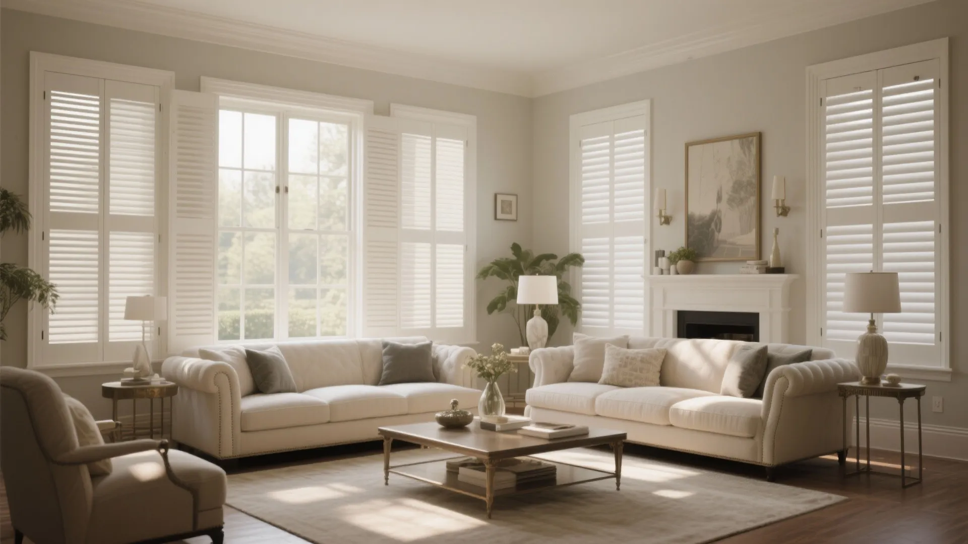 Living room with white wooden plantation shutters