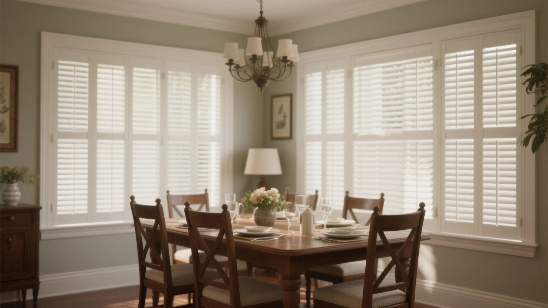 Dining room with white plantation shutters and sunlight